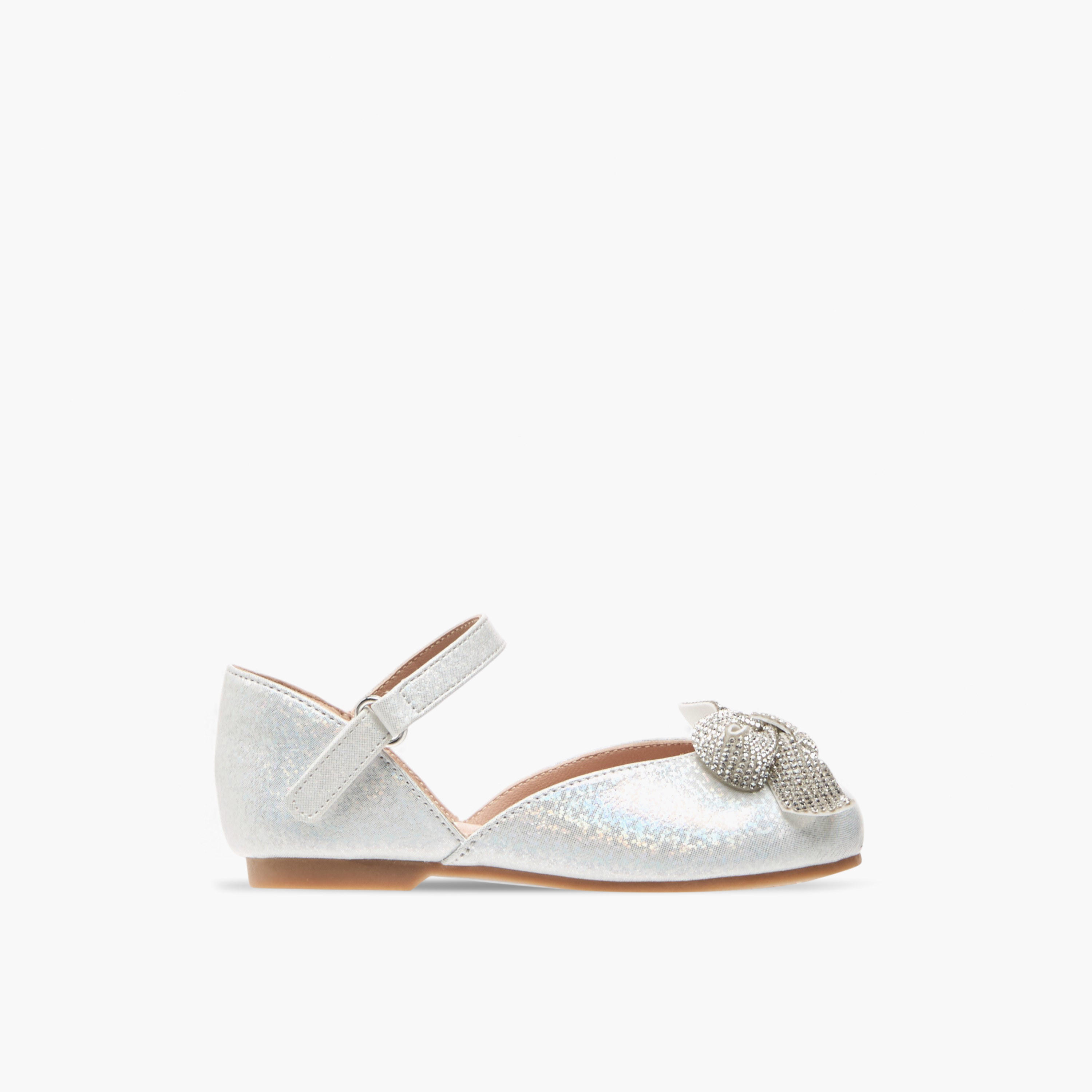 Juniors Embellished Bow Ballerina Shoes with Hook and Loop Closure-girls-shoes-ballerinas-image-3