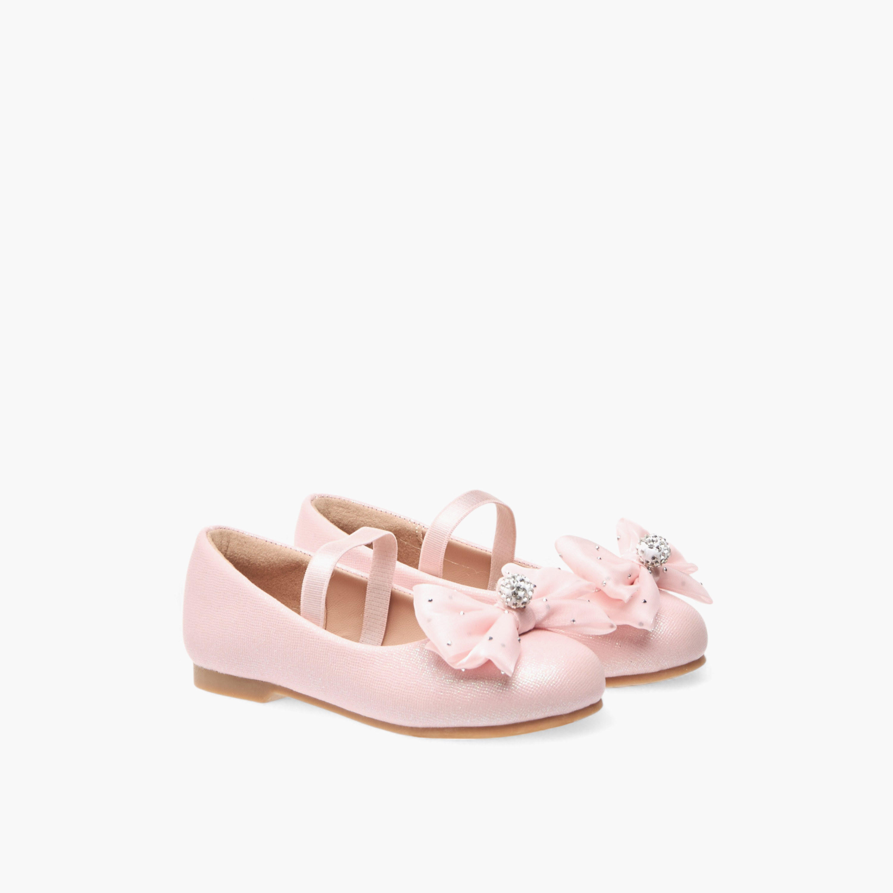 Juniors Embellished Bow Accent Ballerina Shoes with Elasticated Strap-girls-shoes-ballerinas-image-1