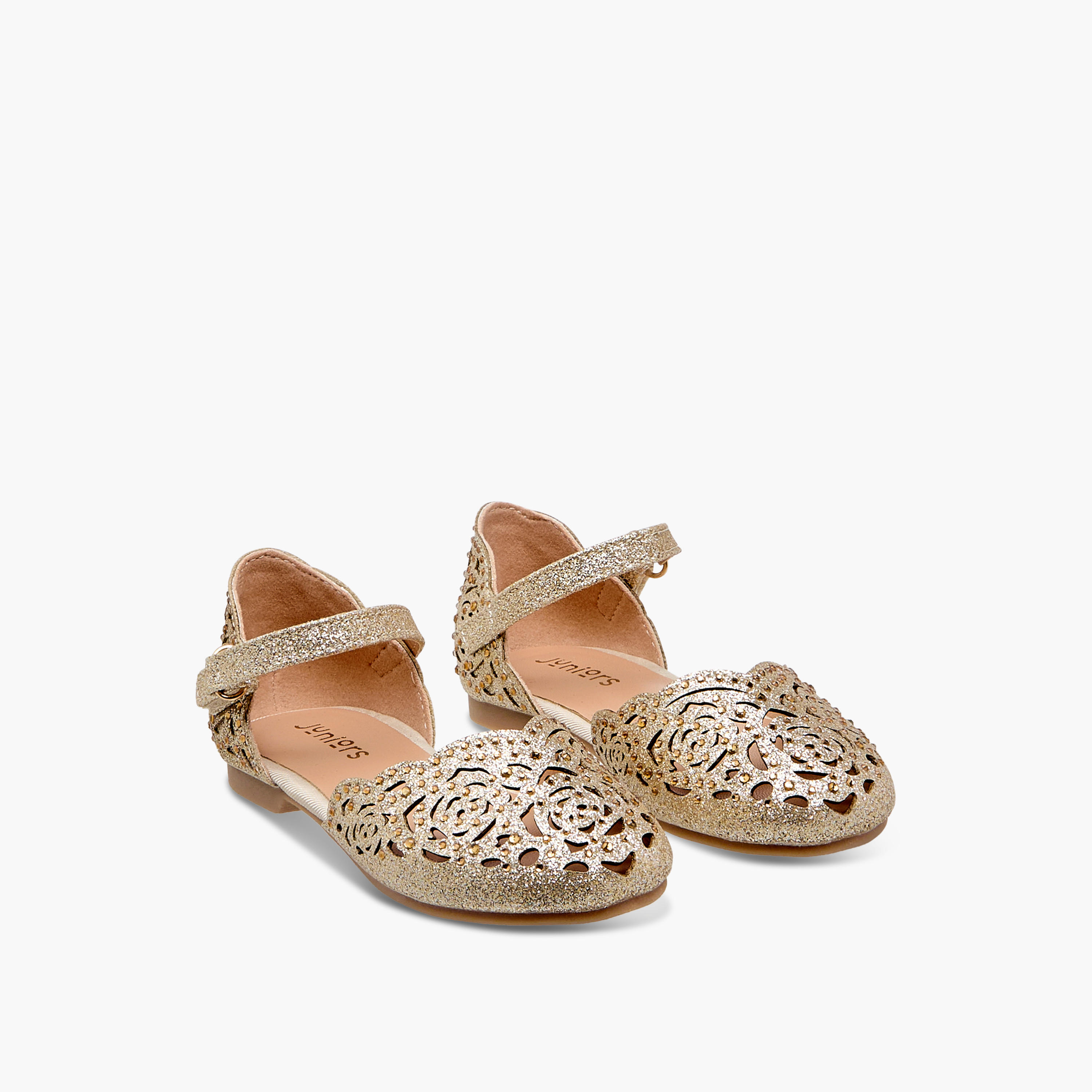 Juniors Laser Cut Embellished Shoes with Hook and Loop Closure-girls-shoes-sandals-image-1