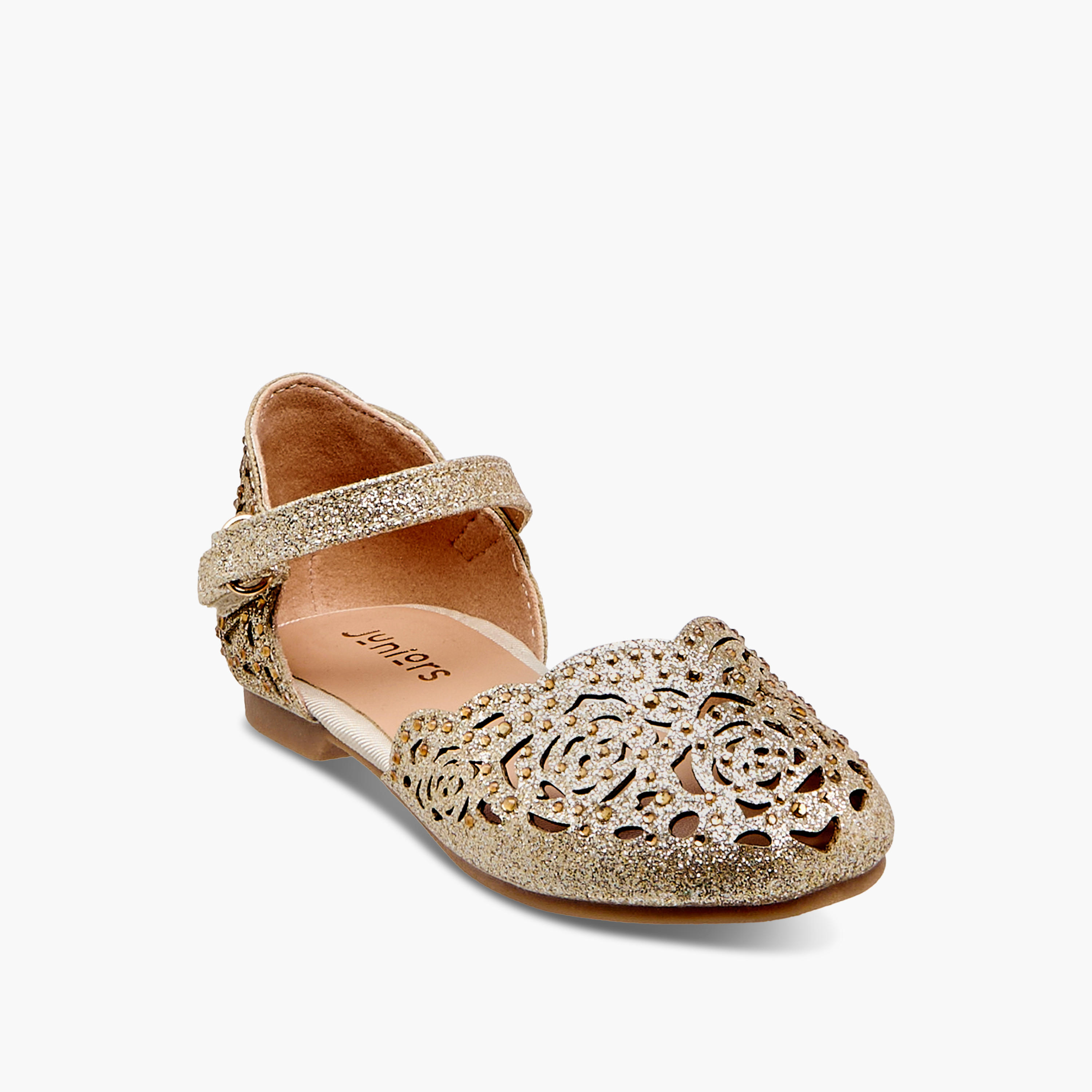 Juniors Laser Cut Embellished Shoes with Hook and Loop Closure-girls-shoes-sandals-image-2