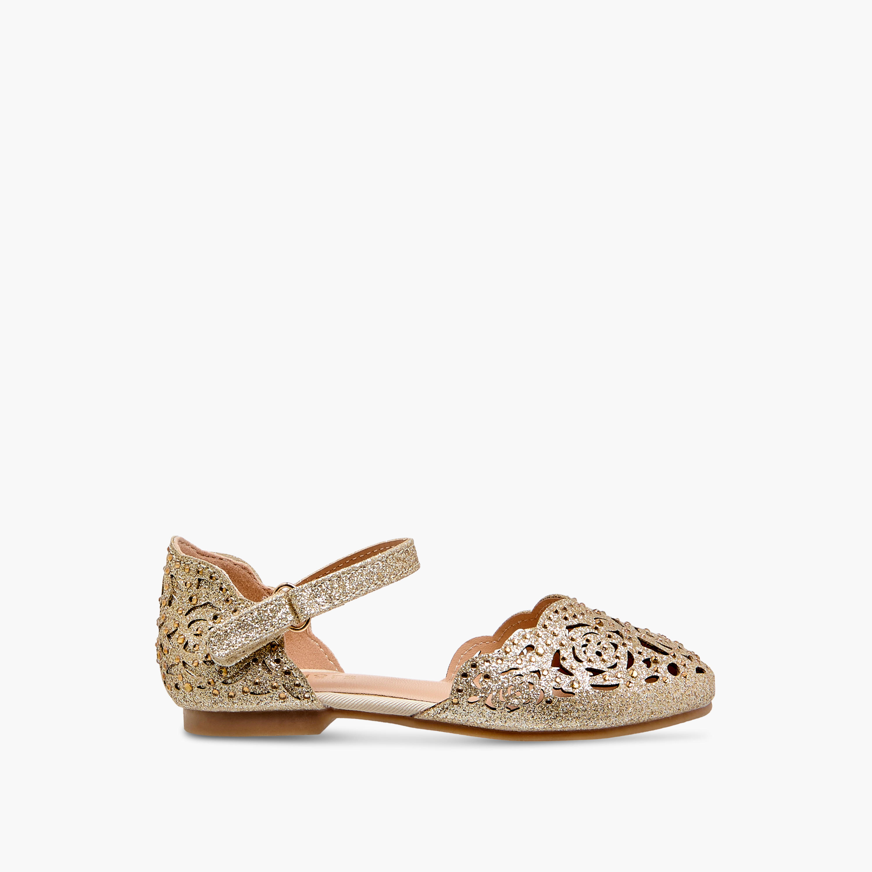 Juniors Laser Cut Embellished Shoes with Hook and Loop Closure-girls-shoes-sandals-image-3