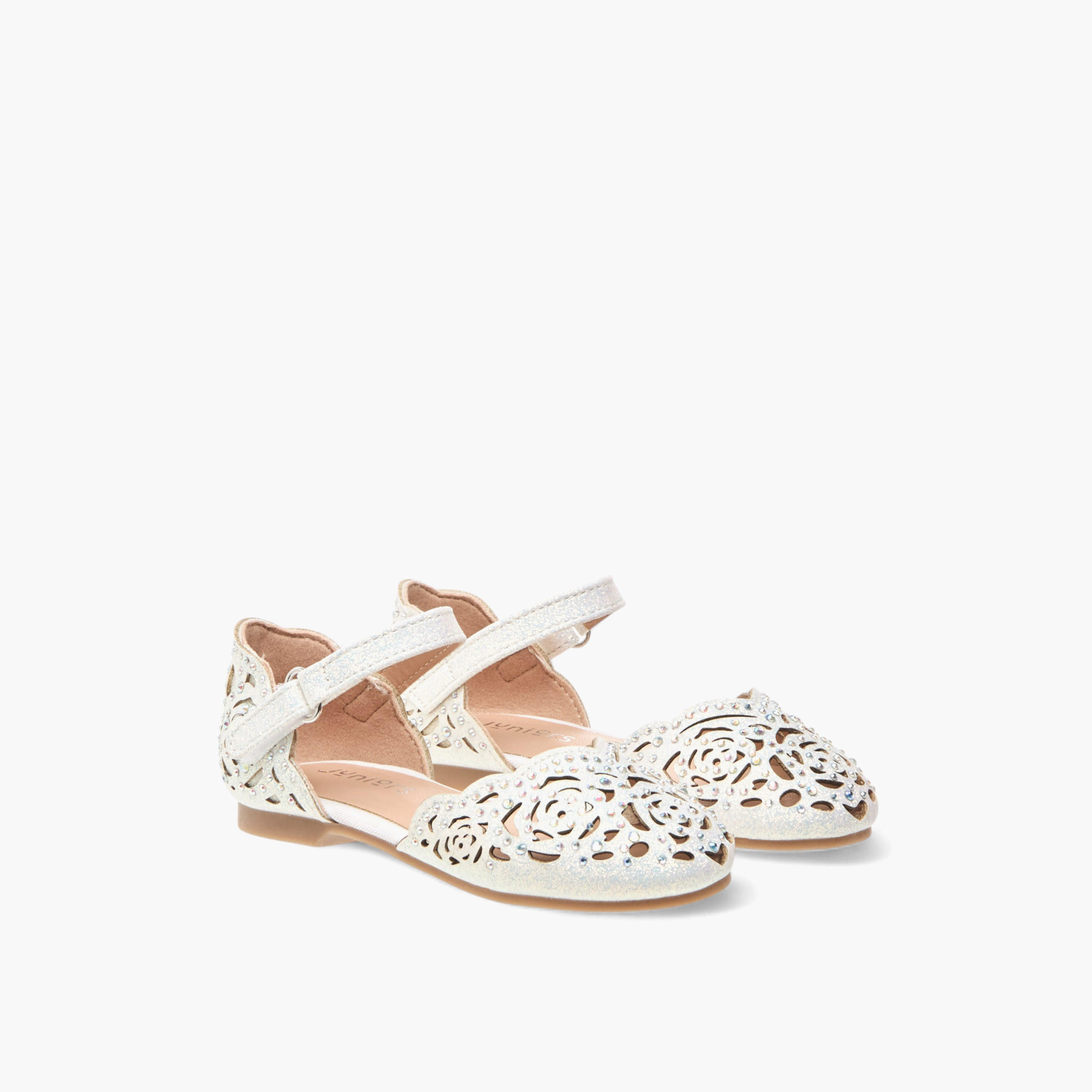 Juniors Laser Cut Embellished Shoes with Hook and Loop Closure-girls-shoes-sandals-image-1