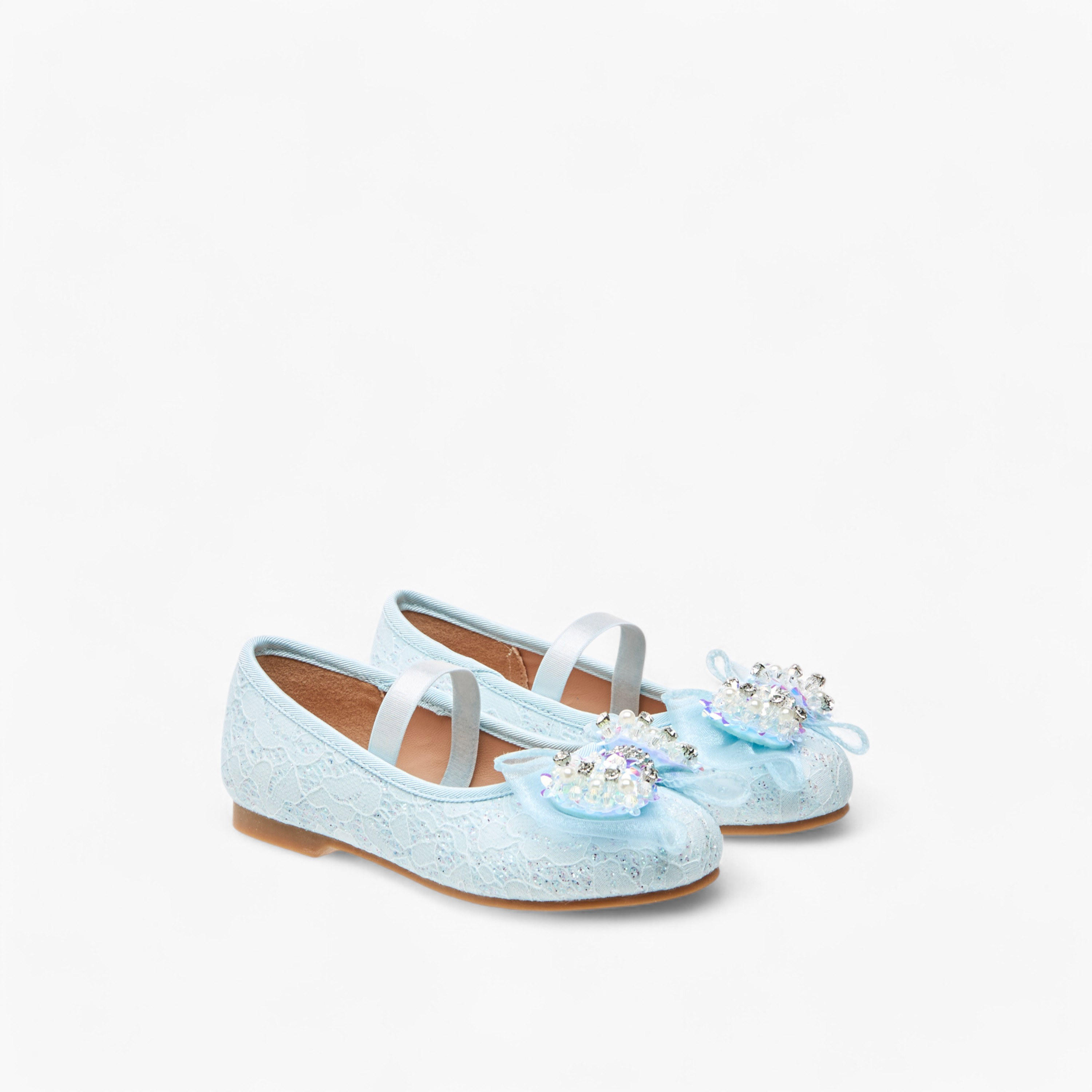 Juniors Lace Textured Bow Ballerina Shoes with Elasticated Strap-girls-shoes-ballerinas-image-1