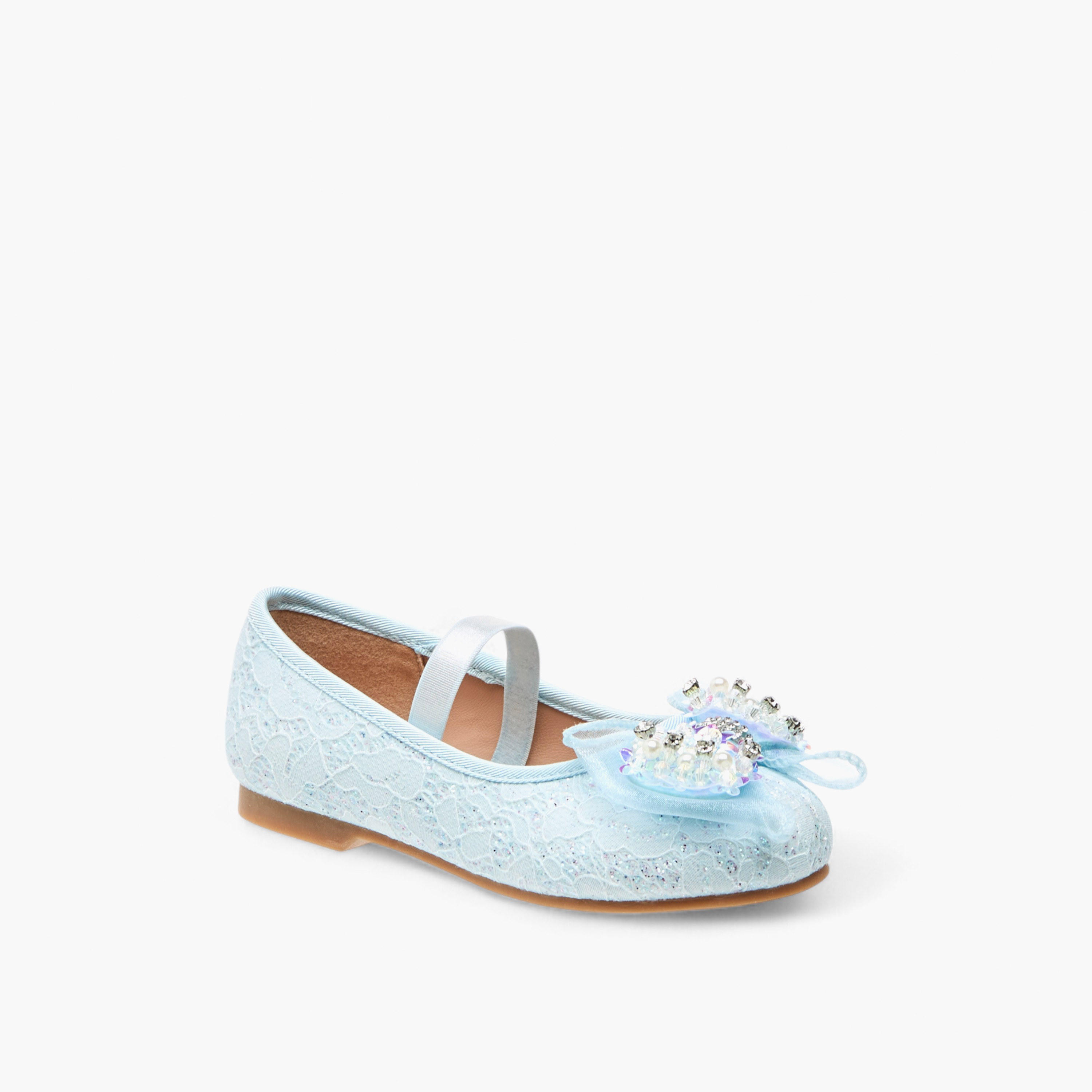 Juniors Lace Textured Bow Ballerina Shoes with Elasticated Strap-girls-shoes-ballerinas-image-2