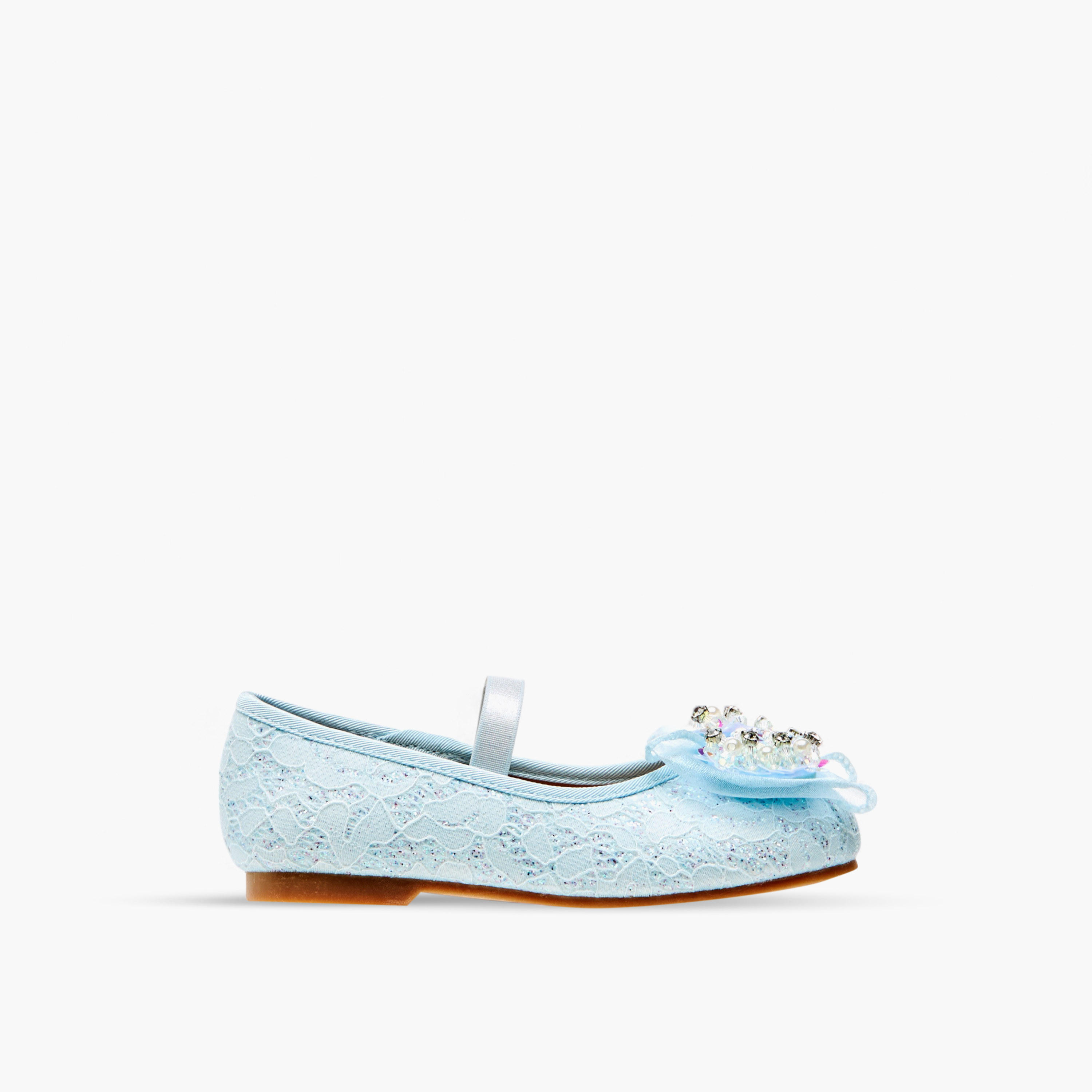 Juniors Lace Textured Bow Ballerina Shoes with Elasticated Strap-girls-shoes-ballerinas-image-3