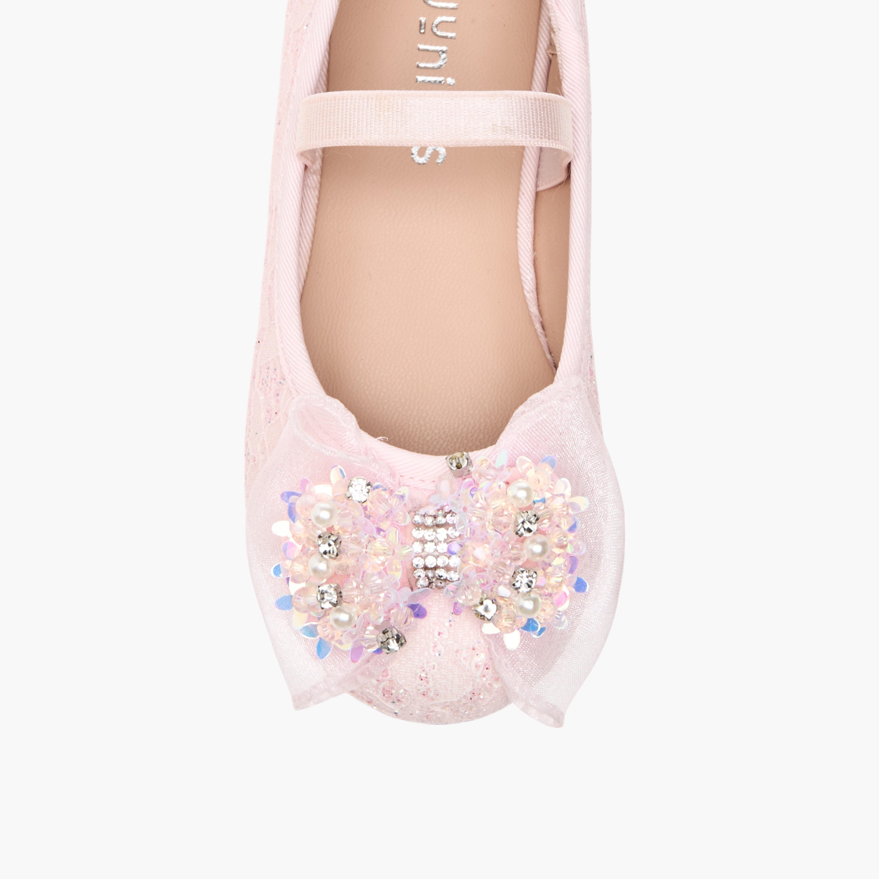 Juniors Lace Textured Bow Ballerina Shoes with Elasticated Strap-girls-shoes-ballerinas-image-4