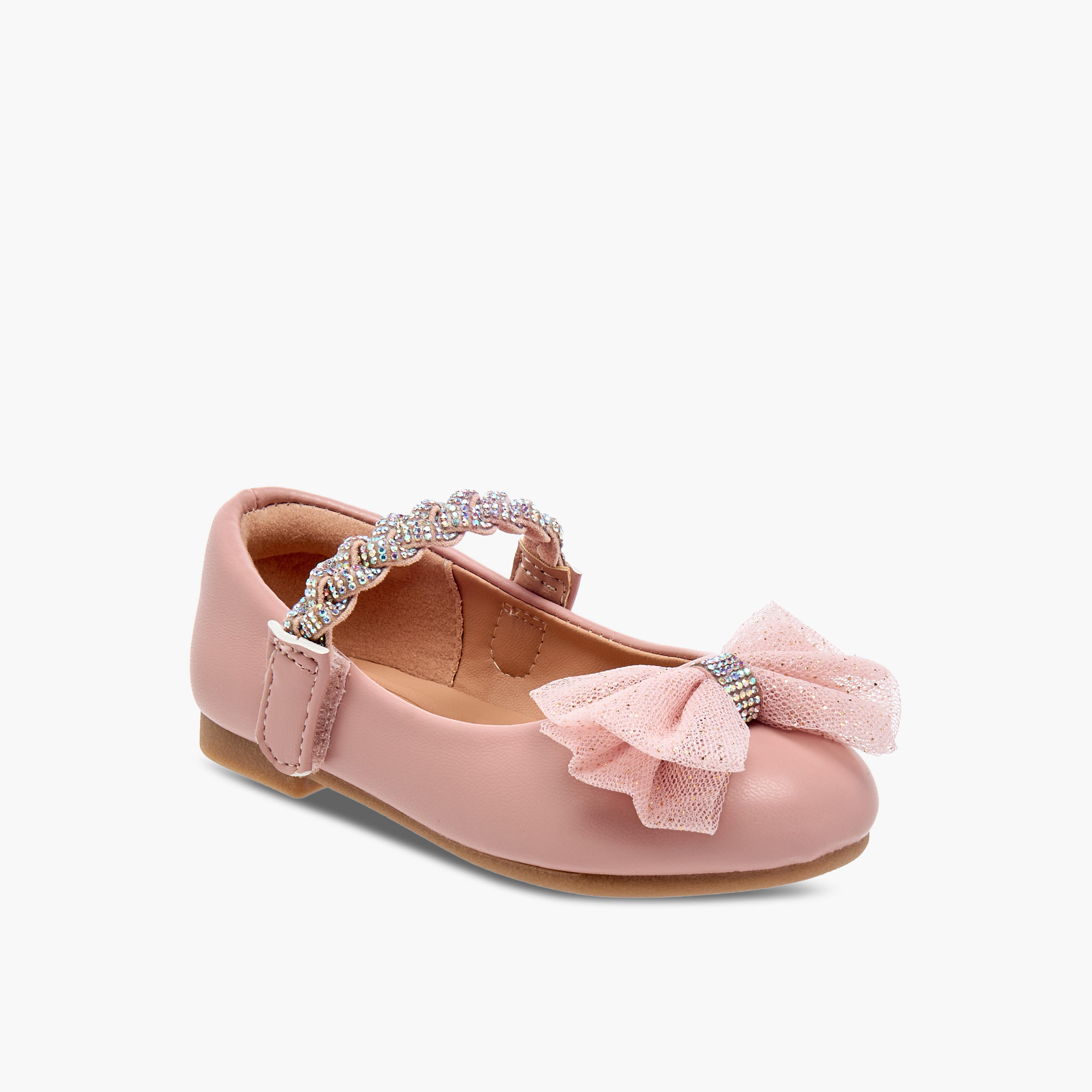 Juniors Embellished Bow Detail Ballerina Shoes with Hook and Loop Closure-girls-shoes-ballerinas-image-2