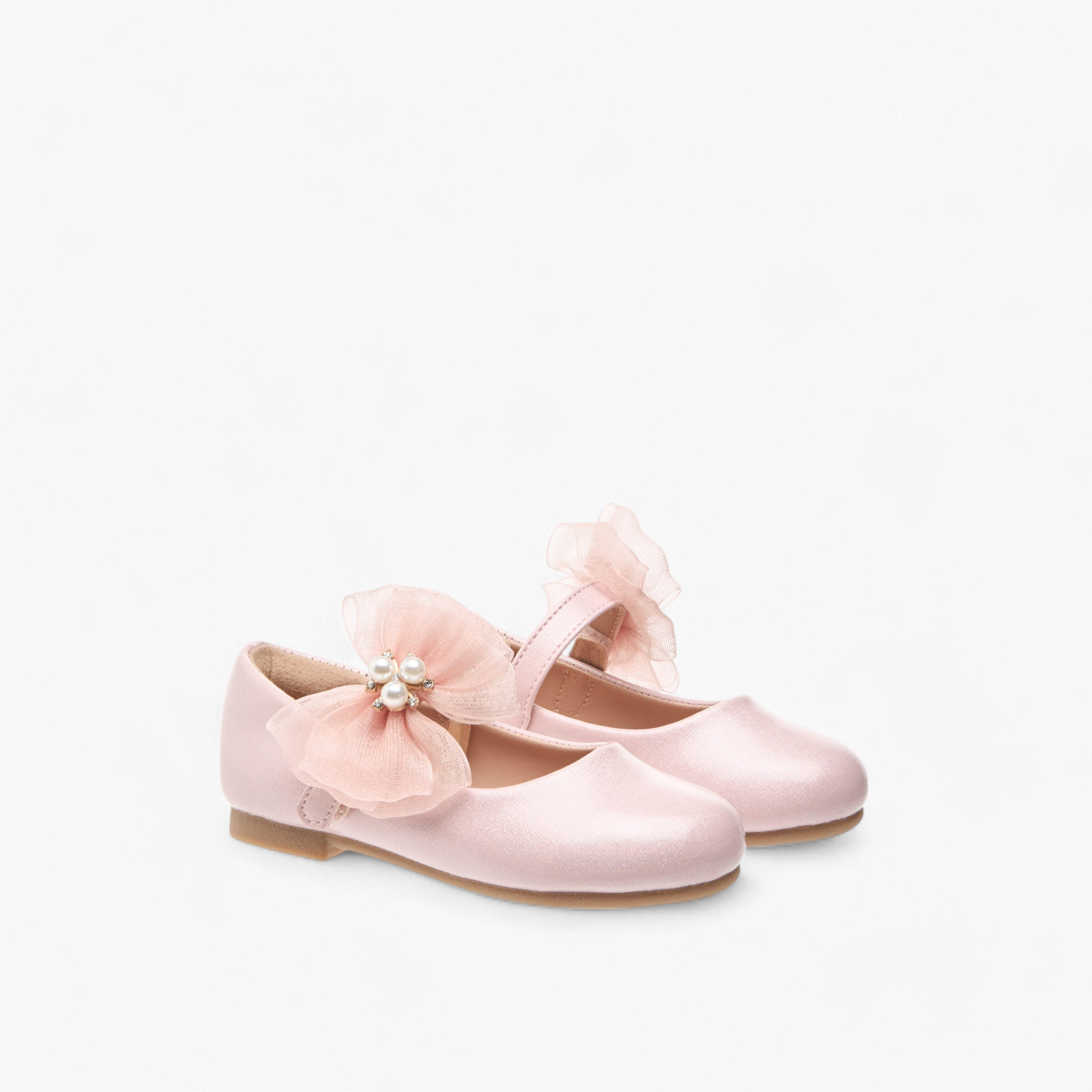 حذاء باليرينا بشريط إغلاق لاصق وتزيينات فيونكة وأزهار من جونيورز-girls-shoes-maryjanes-image-1