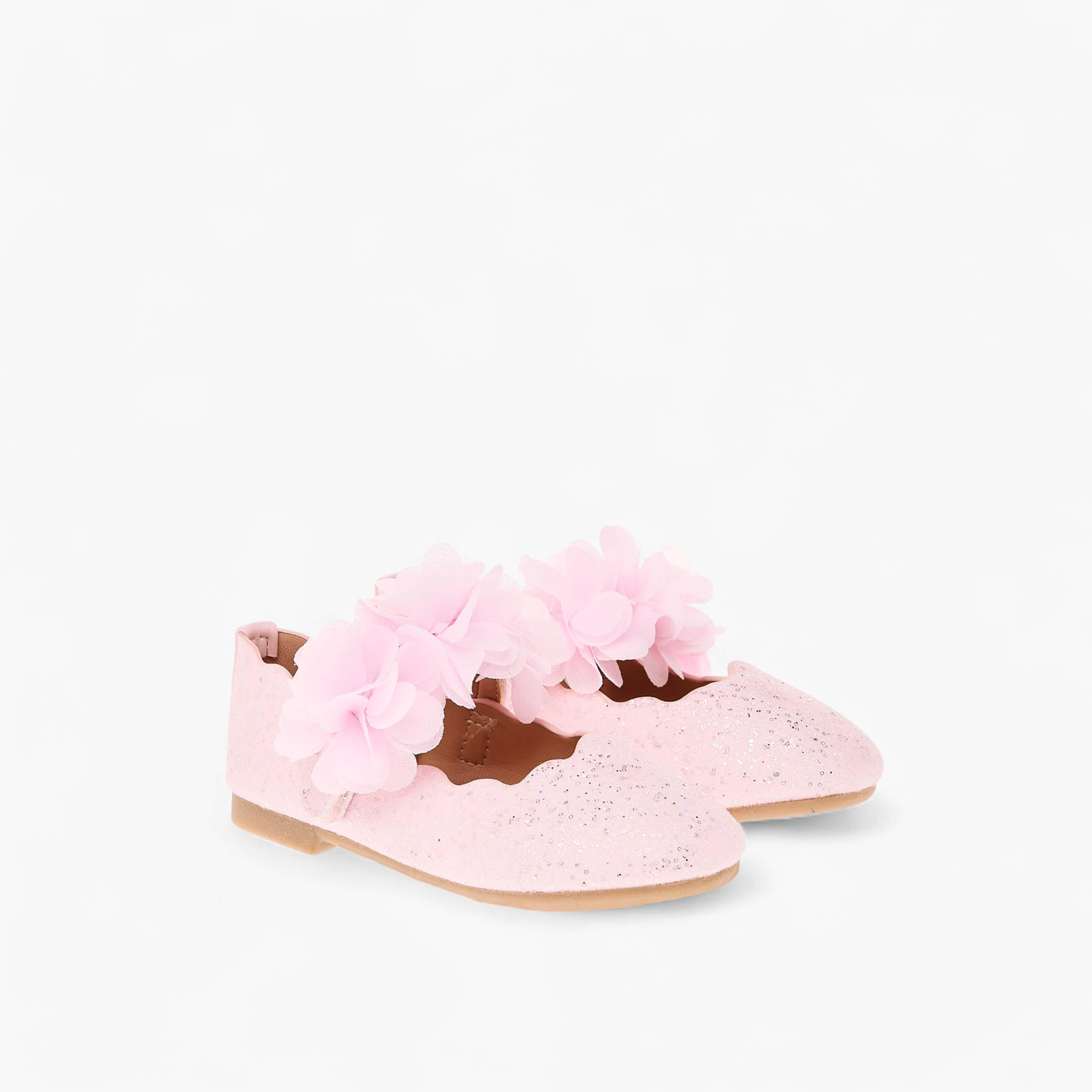 Juniors Floral Detail Ballerina Shoes with Hook and Loop Closure-girls-shoes-ballerinas-image-1