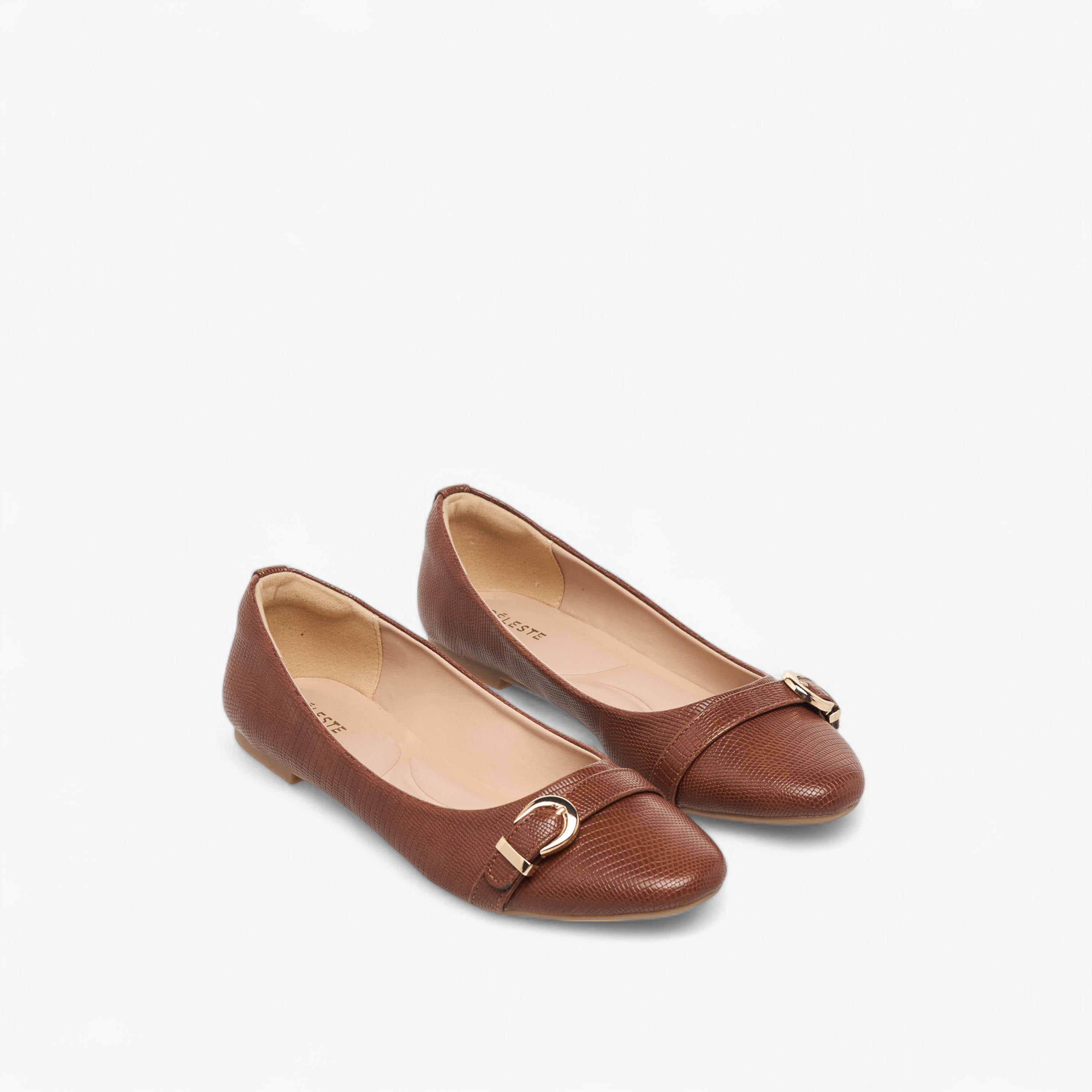Celeste Women's Textured Slip-On Ballerina Shoes with Buckle Accent-women-shoes-ballerinas-image-1