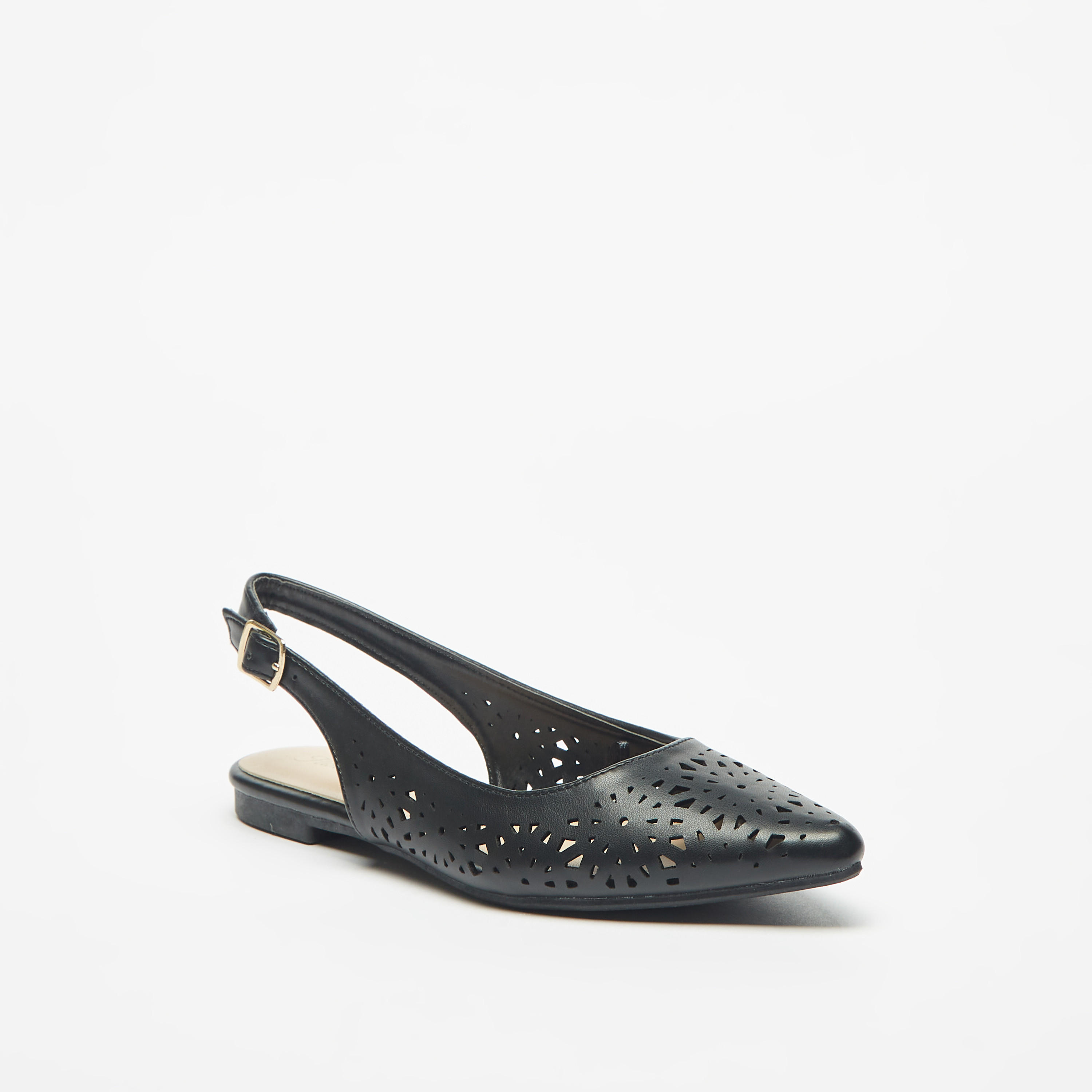Flora Bella Cutwork Detail Pointed Toe Ballerina Shoes with Slingback Buckle Closure-women-shoes-ballerinas-image-1