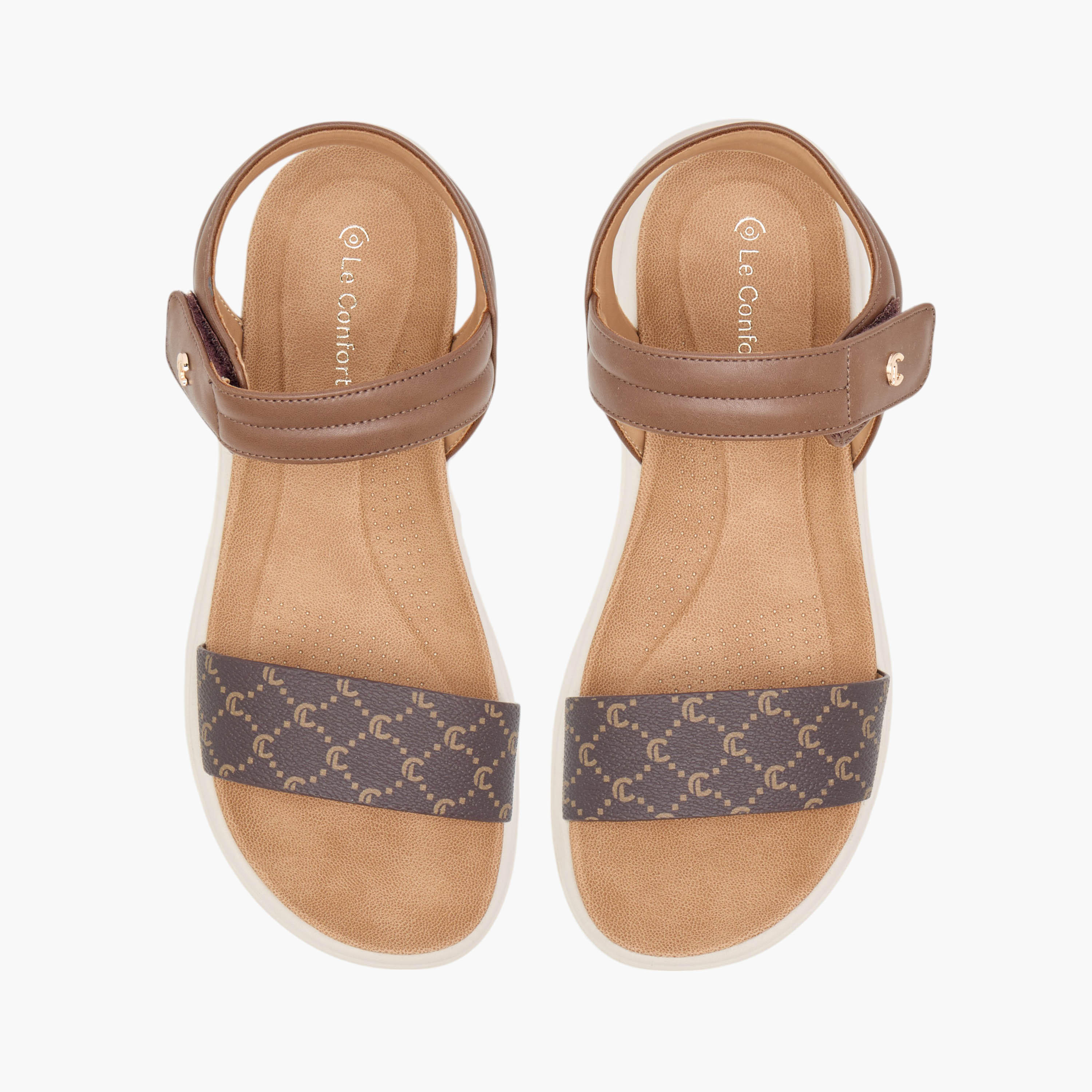 صندل مريح بشريط إغلاق لاصق وطبعات مونوجرام من لو كونفورت-women-shoes-flats-sandals-image-1