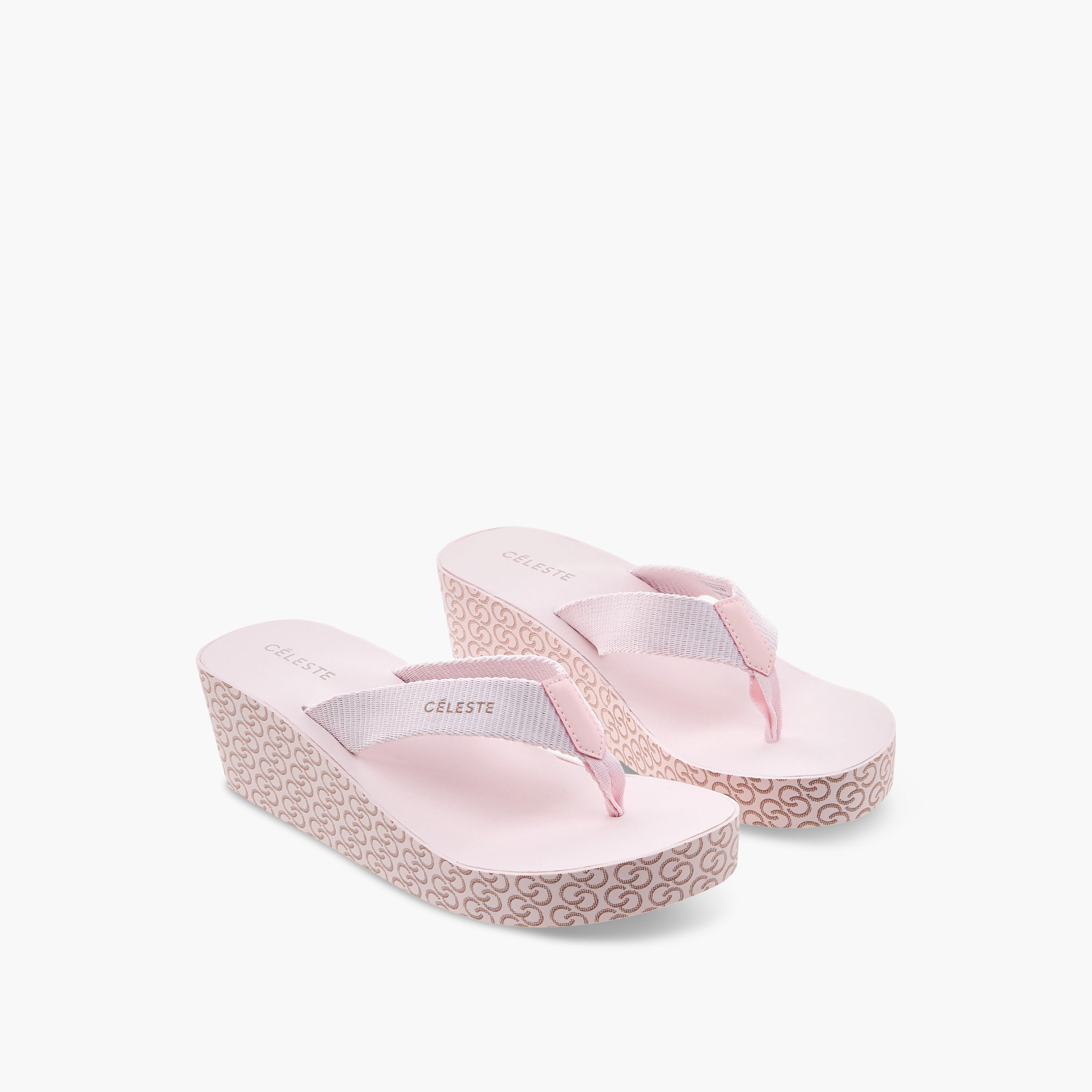 Celeste Women's Monogram Print Thong Slippers with Wedge Heels-women-shoes-flipflopsandslides-image-1