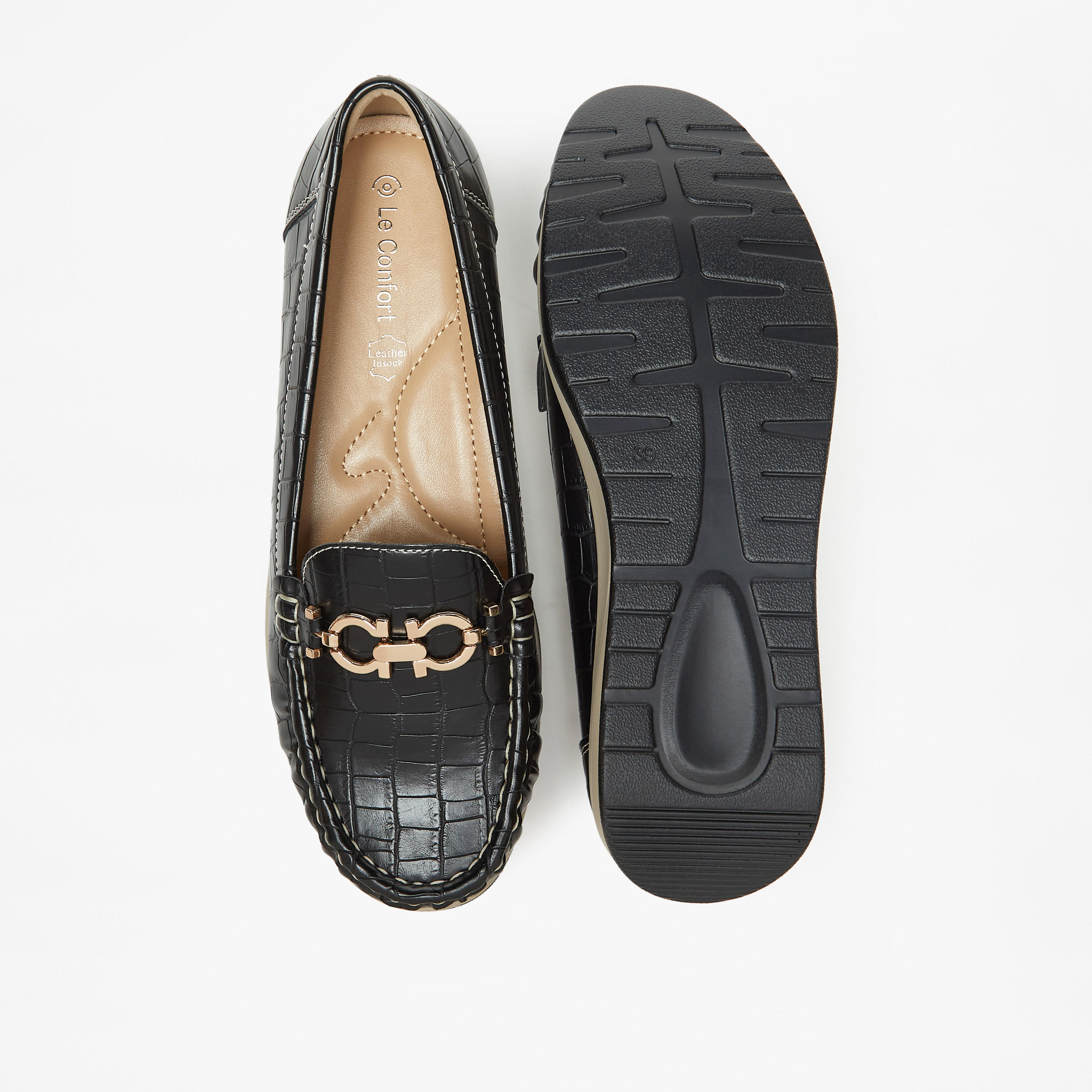 Le Confort Textured Slip-On Comfort Loafers with Metal Accent Detail-women-shoes-flats-loafers-image-4