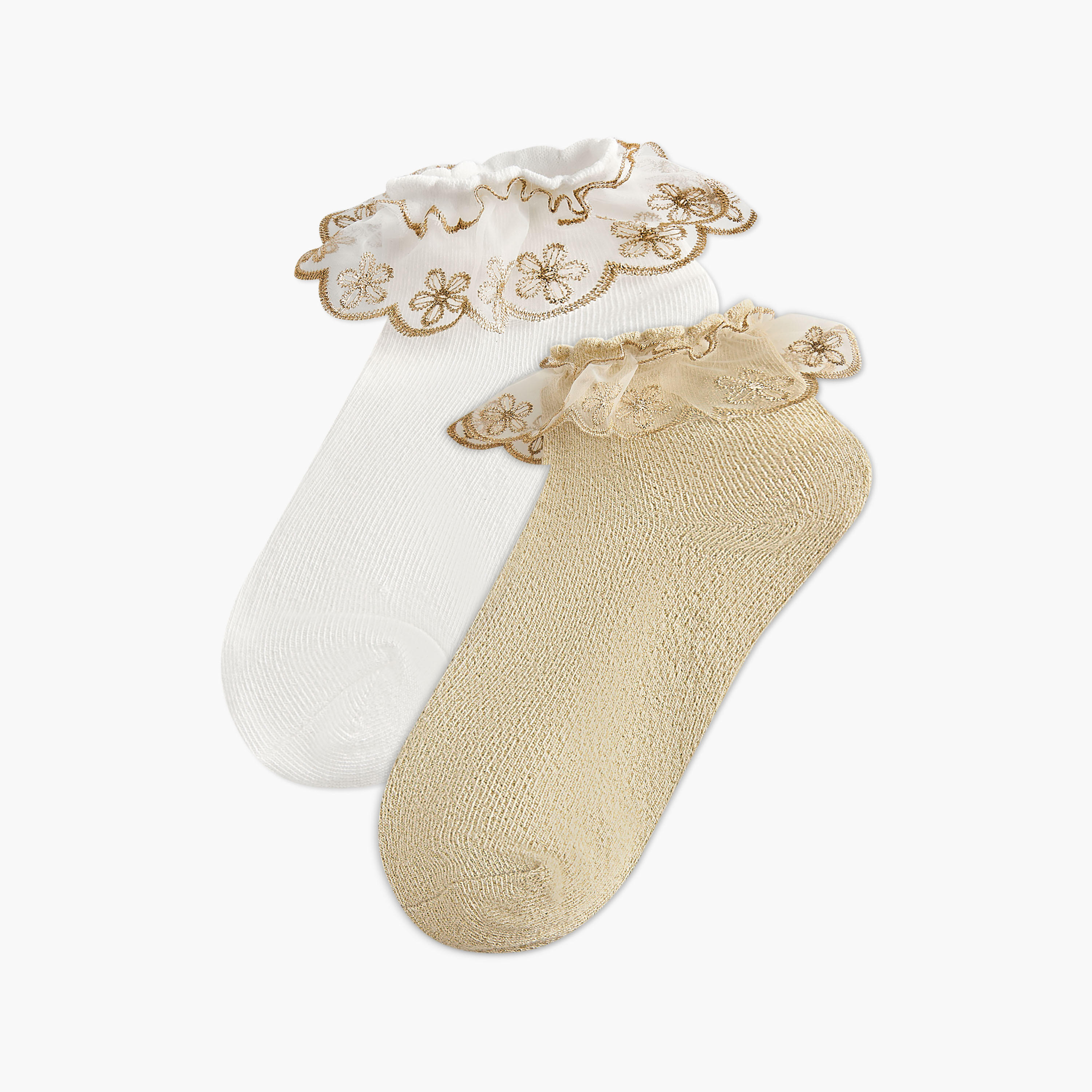 جوارب بتفاصيل كشكش مطرزة للبنات من سيليست - عبوة من زوجين-girls-accessories-socks-image-1