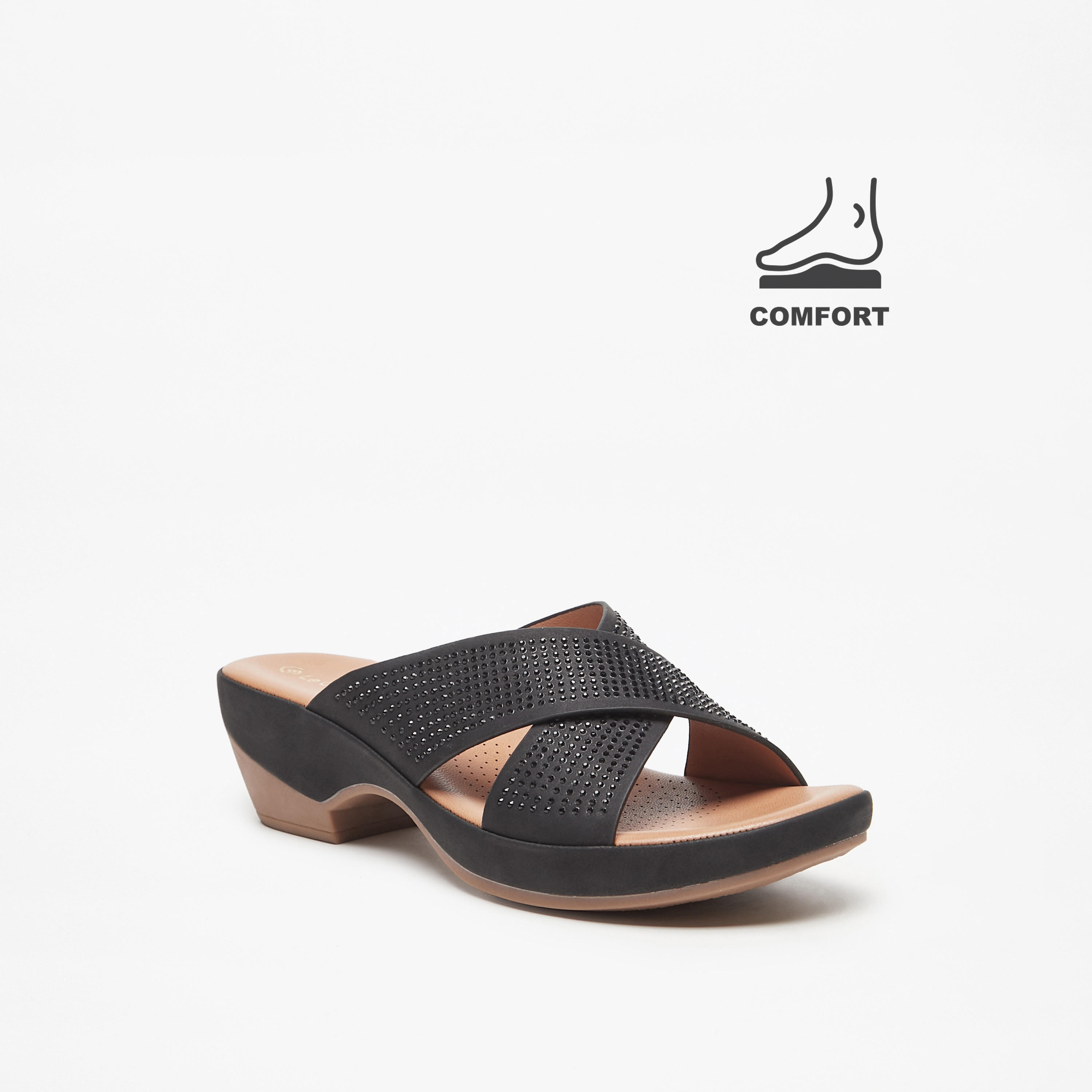 صندل مريح مزيّن بحزام متقاطع وكعب سميك من لو كونفورت-women-shoes-sandals-heeled-image-1