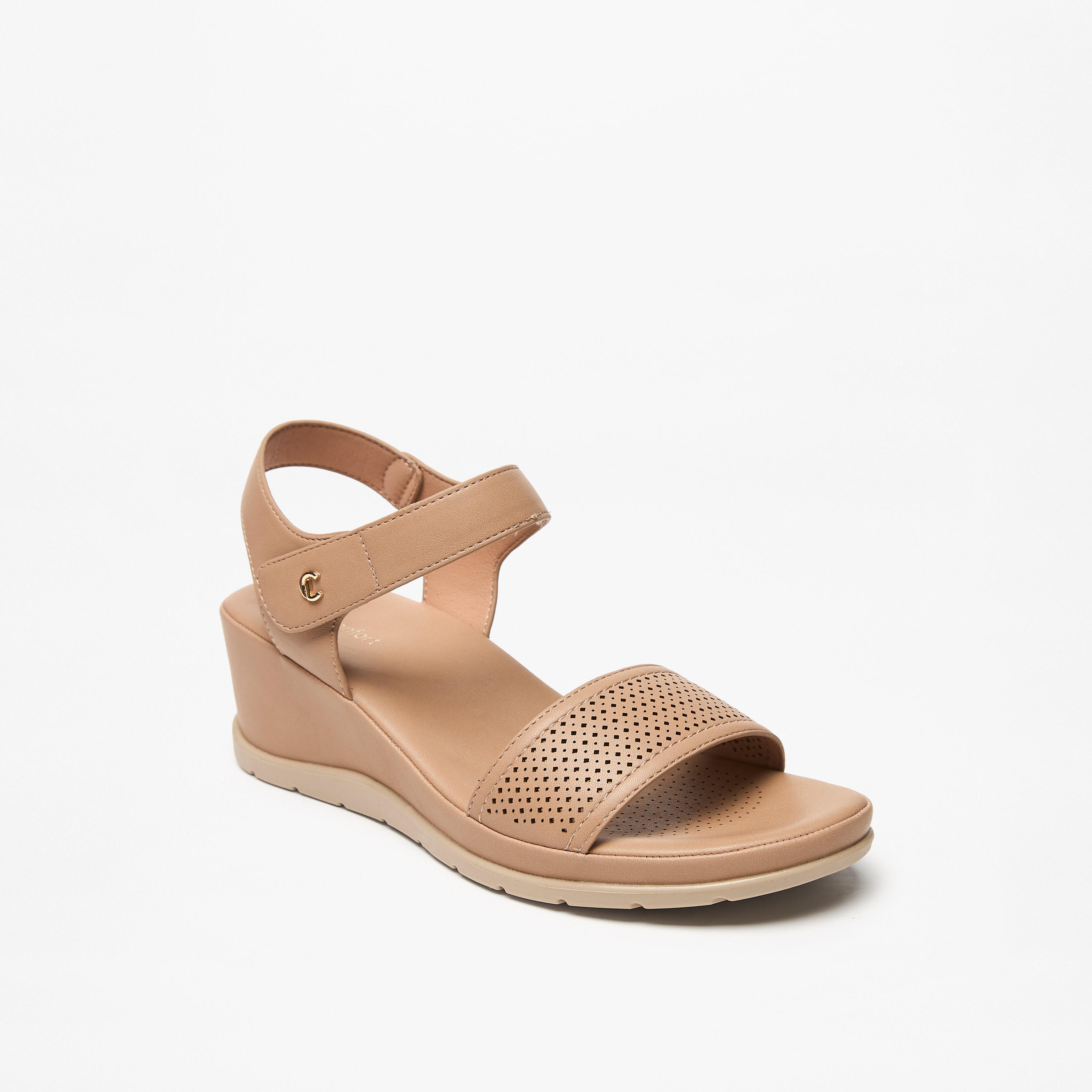 Le Confort Textured Wedge Heel Sandals with Hook and Loop Closure-women-shoes-sandals-heeled-image-1