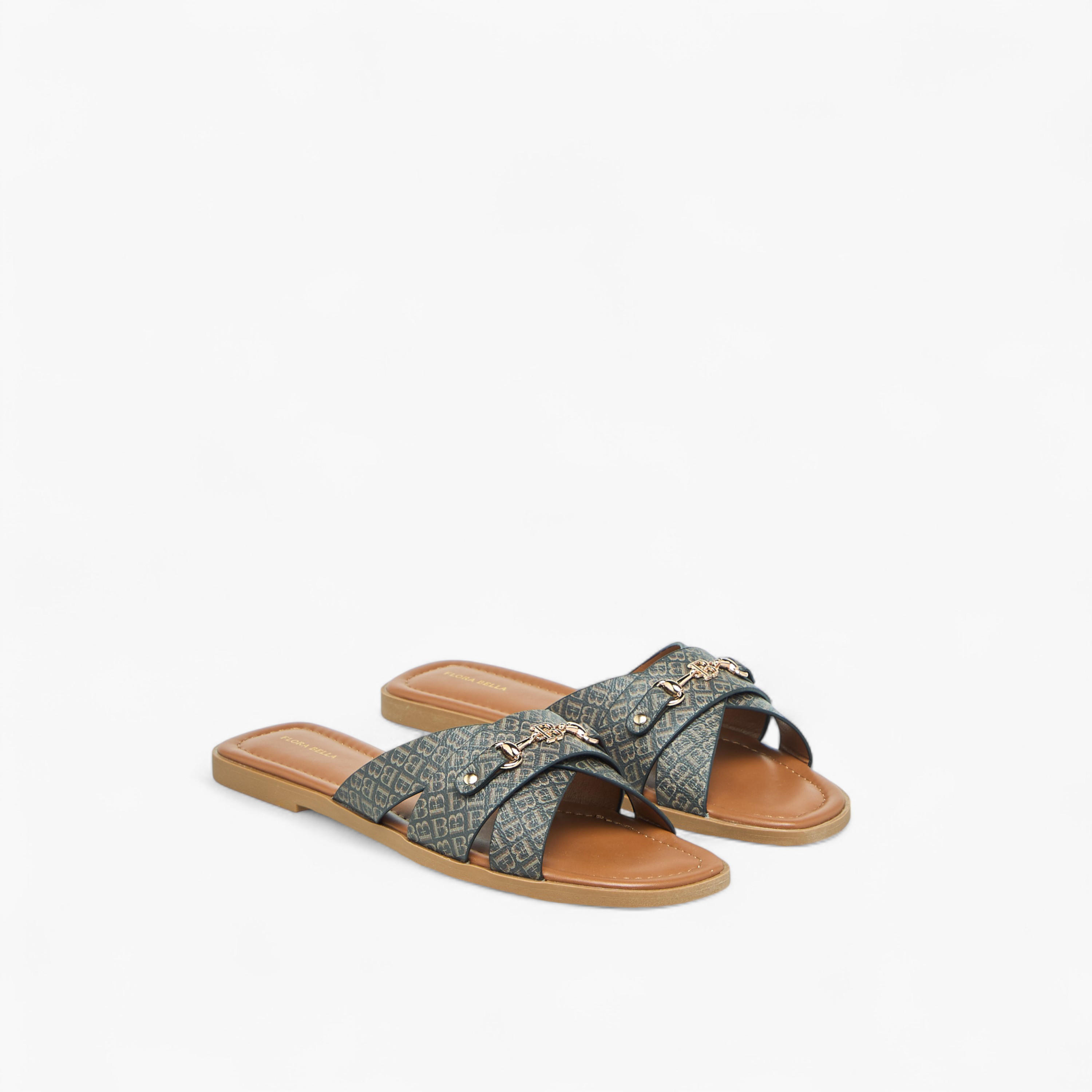 Flora Bella Monogram Print Slip-On Flat Sandals with Metal Accent-women-shoes-flats-sandals-image-1