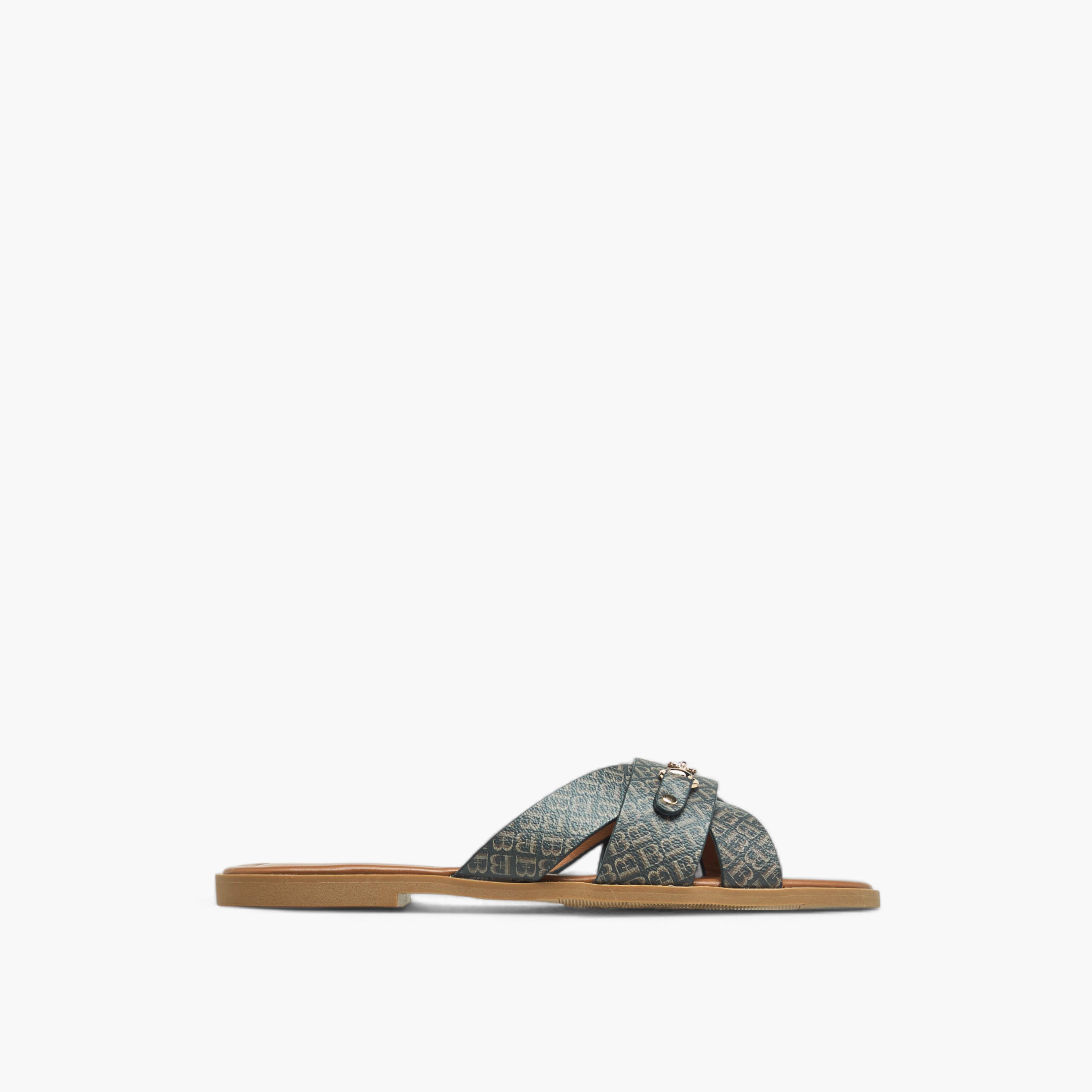 Flora Bella Monogram Print Slip-On Flat Sandals with Metal Accent-women-shoes-flats-sandals-image-3