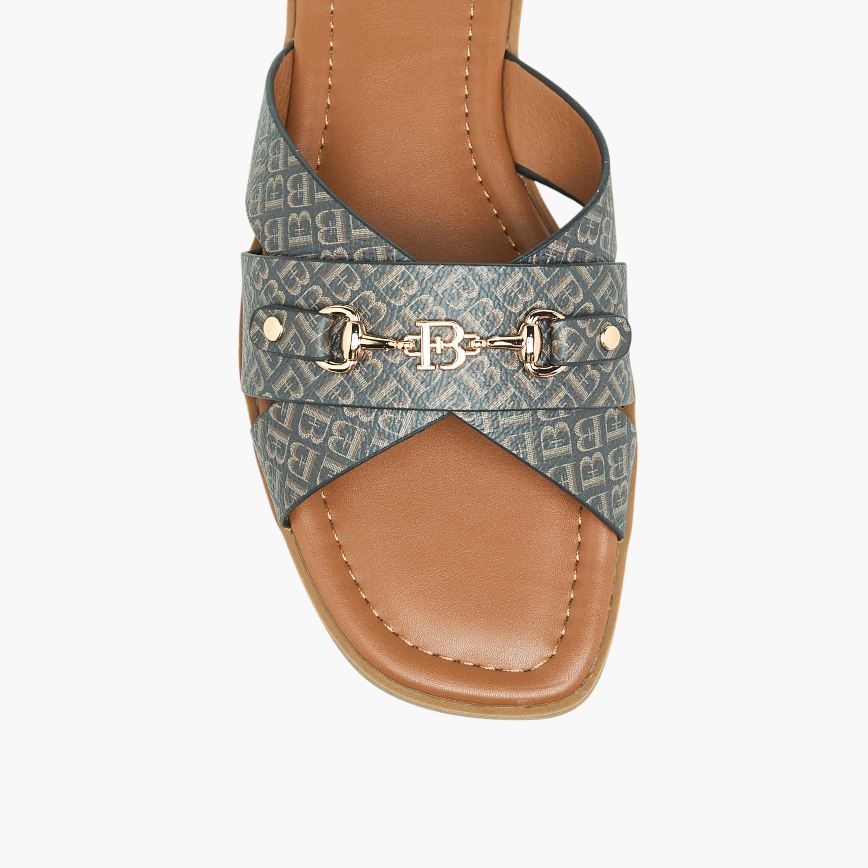 Flora Bella Monogram Print Slip-On Flat Sandals with Metal Accent-women-shoes-flats-sandals-image-4