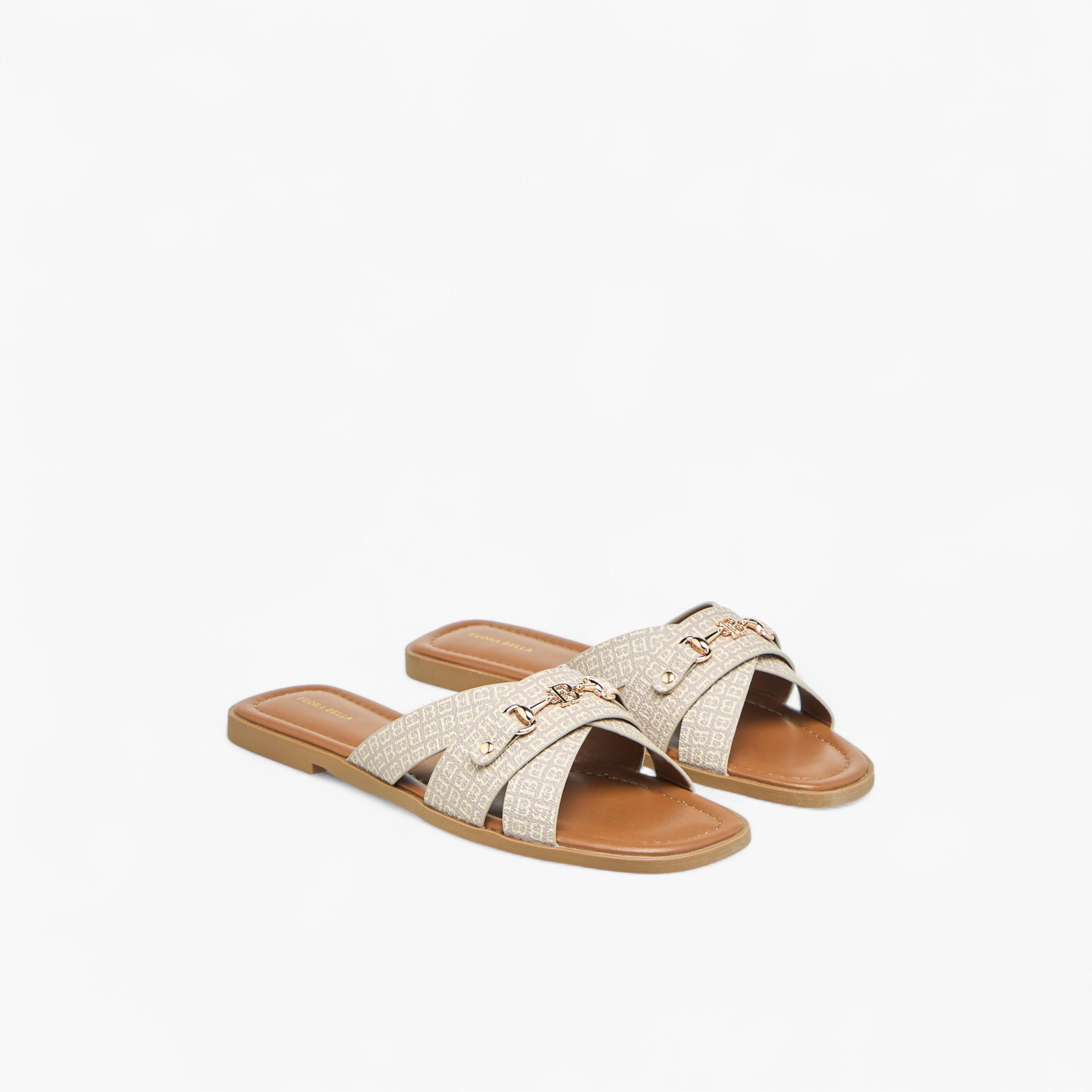 Flora Bella Monogram Print Slip-On Flat Sandals with Metal Accent-women-shoes-flats-sandals-image-1