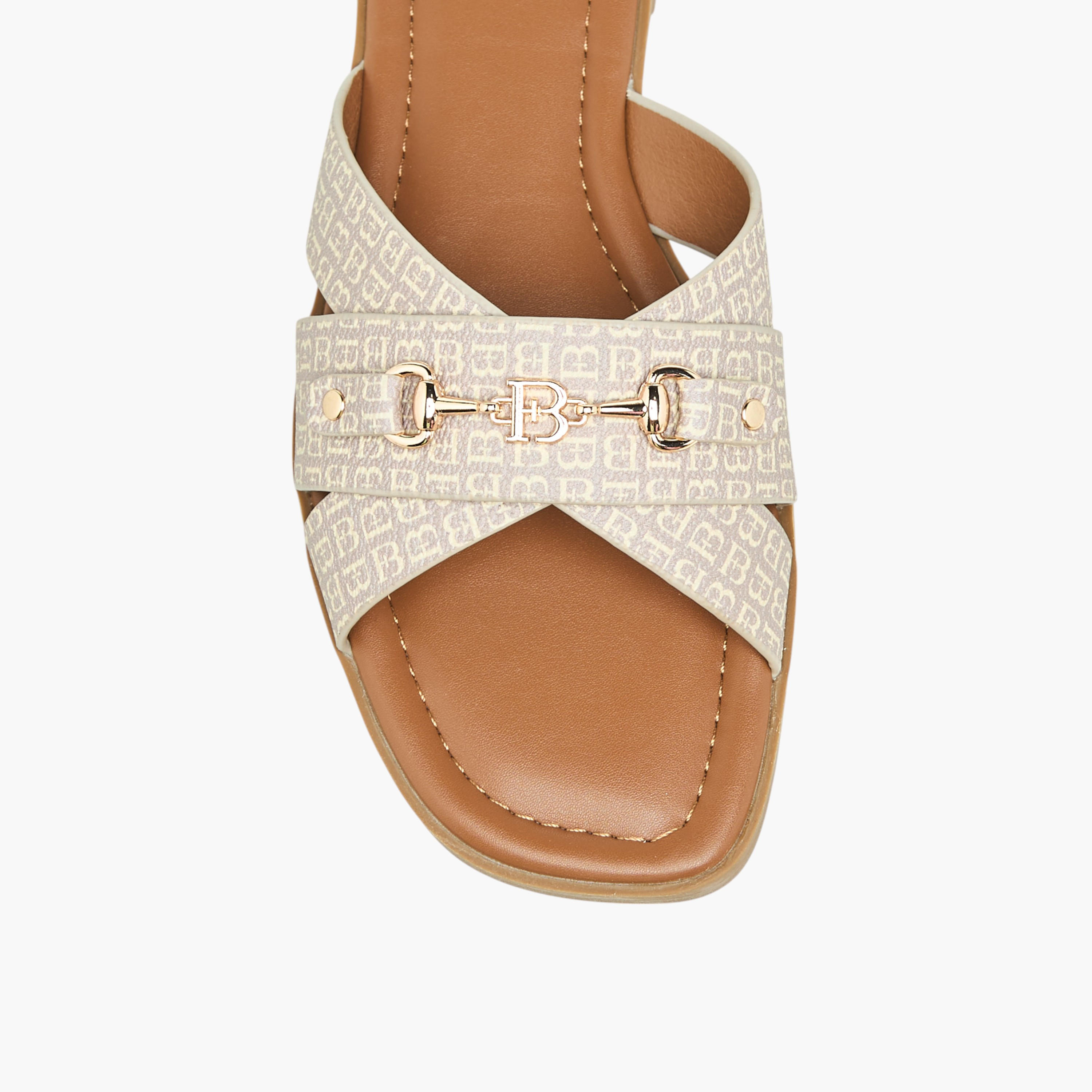 Flora Bella Monogram Print Slip-On Flat Sandals with Metal Accent-women-shoes-flats-sandals-image-4