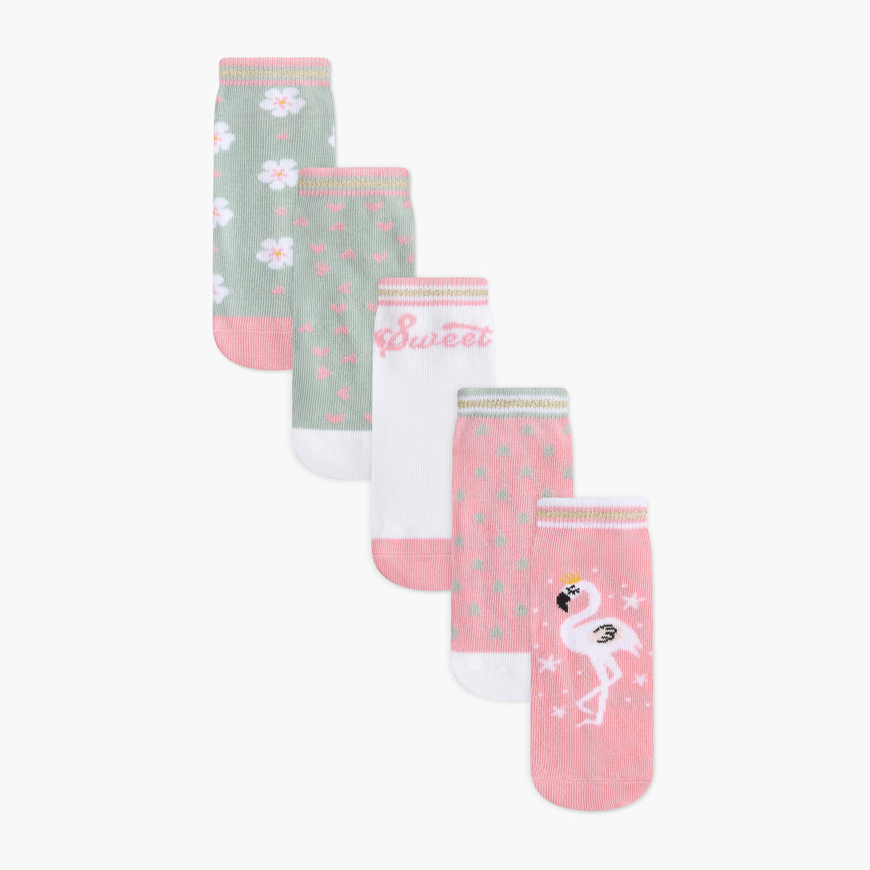 Little Missy Printed Non-Terry Ankle Length Socks - Set of 5-girls-accessories-socks-image-1