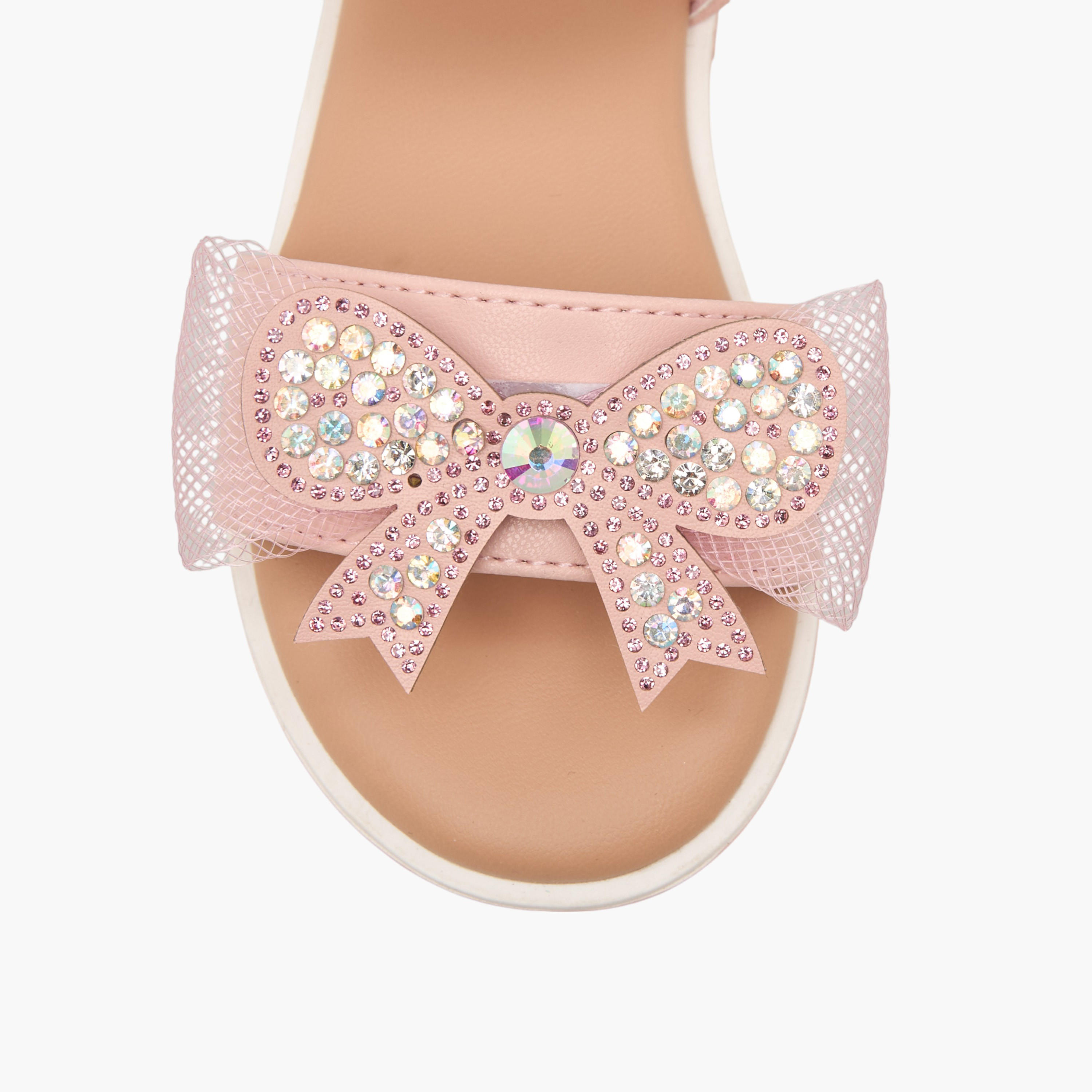 Juniors Embellished Bow Applique Sandals with Hook and Loop Closure-girls-shoes-sandals-image-4