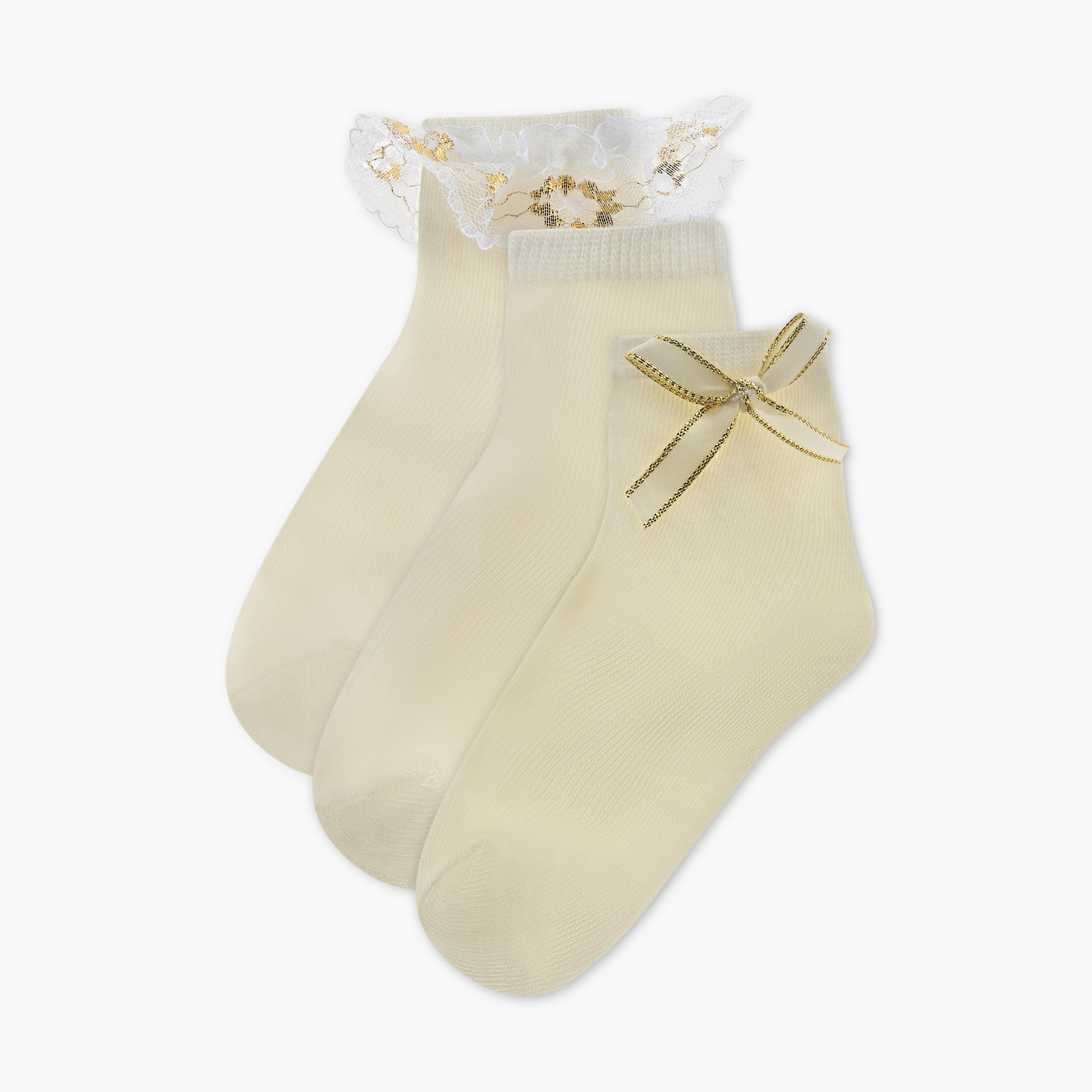 Barefeet Frill Detail Non Terry Ankle Length Socks - Set of 3-girls-accessories-socks-image-1