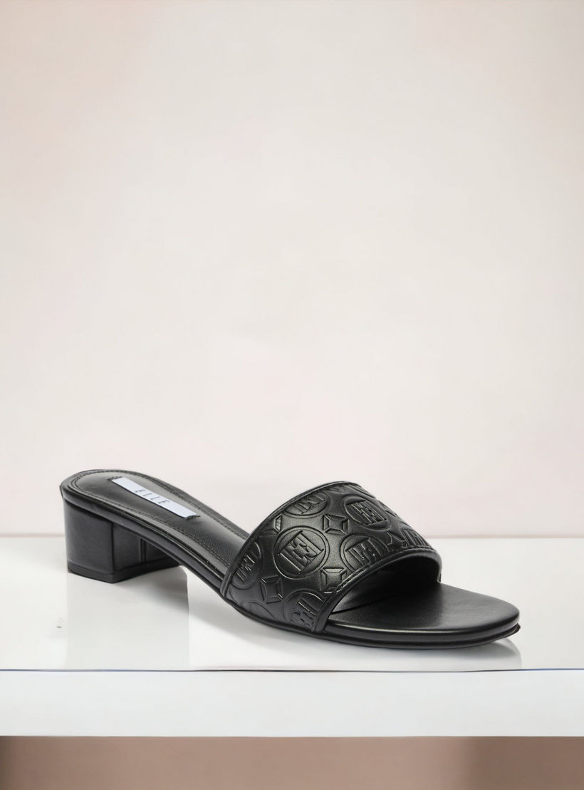 Elle Women's Monogram Embossed Slip-On Sandals with Block Heels-women-shoes-heels-image-1