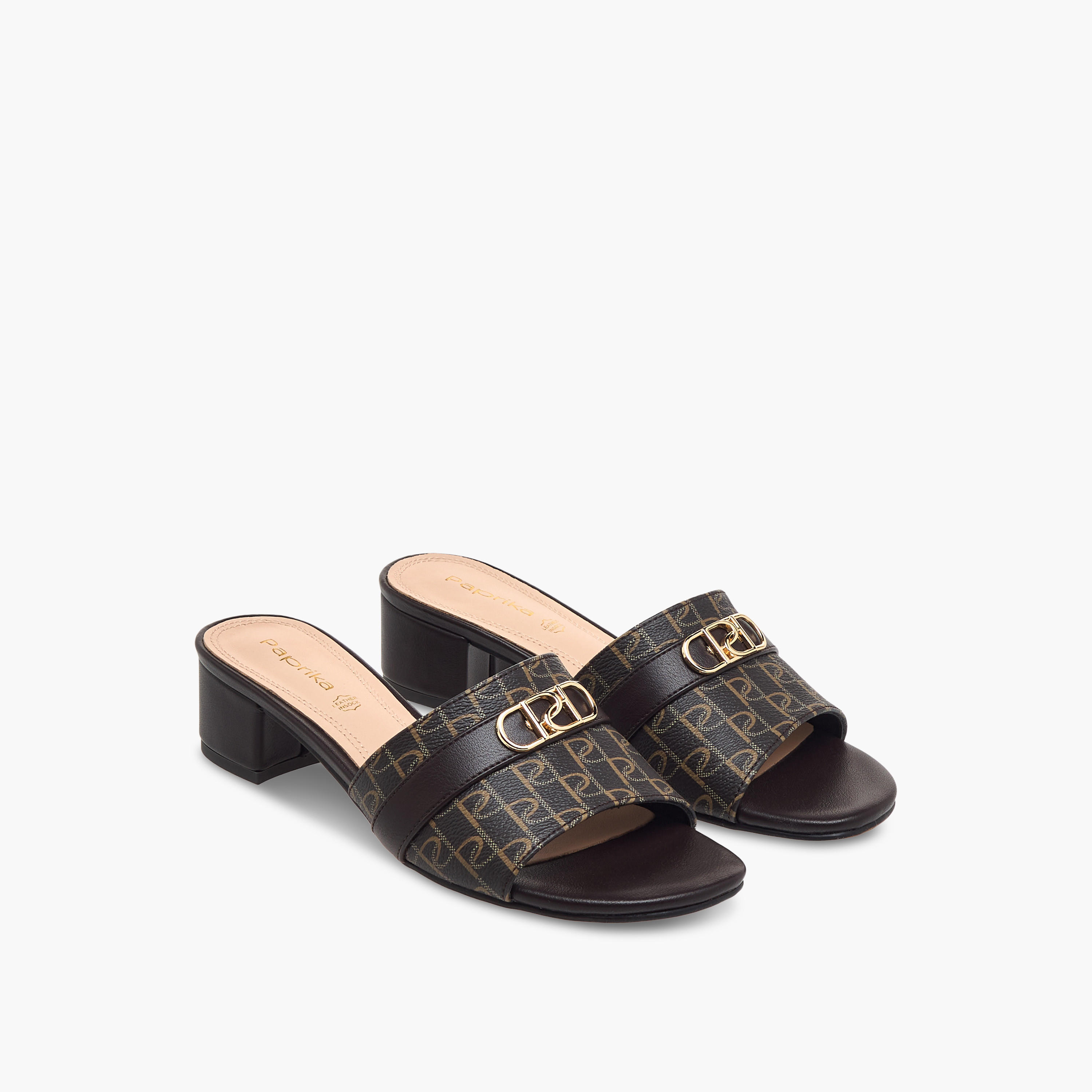 Paprika Monogram Print Slip-On Sandals with Block Heels-women-shoes-sandals-heeled-image-1