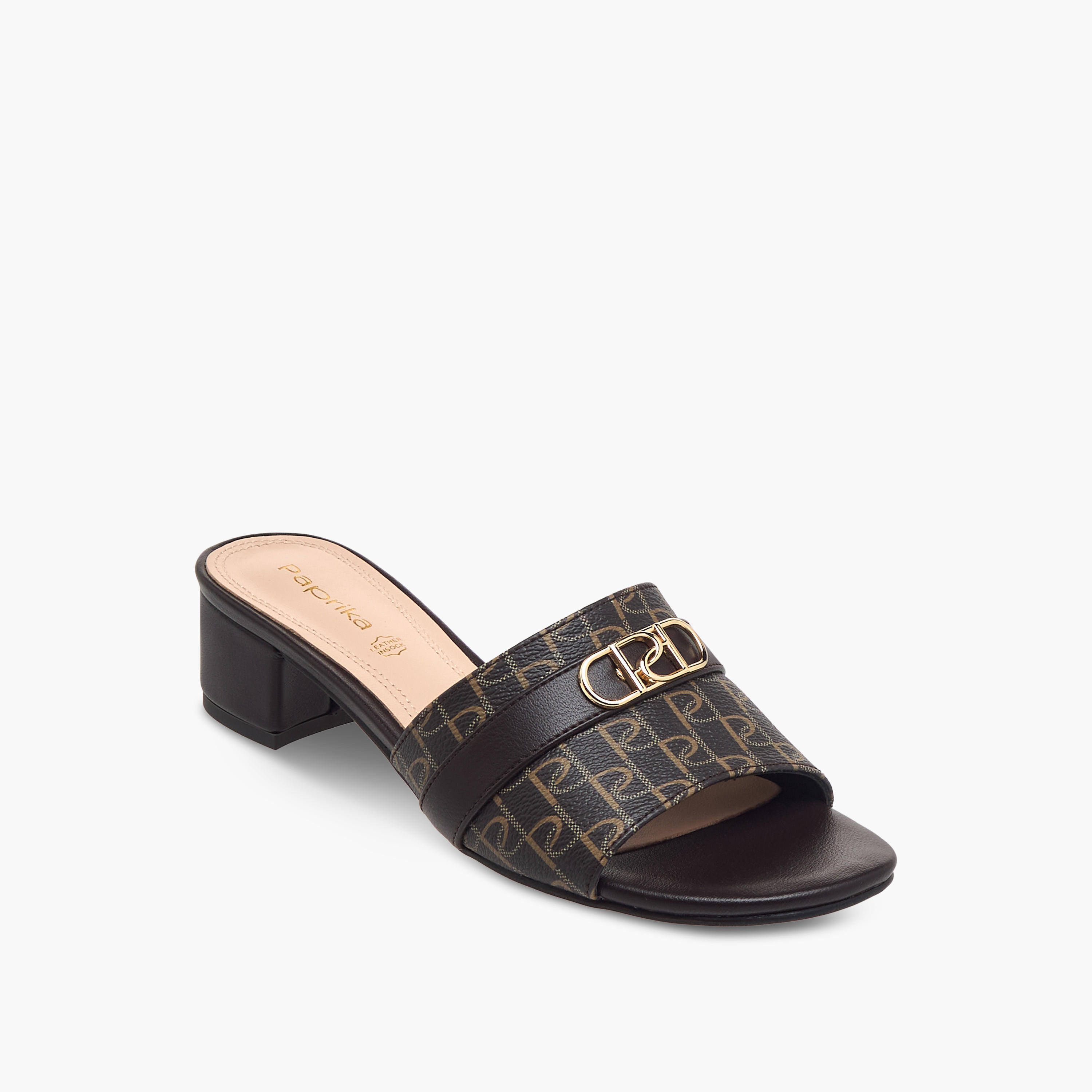 Paprika Monogram Print Slip-On Sandals with Block Heels-women-shoes-sandals-heeled-image-2