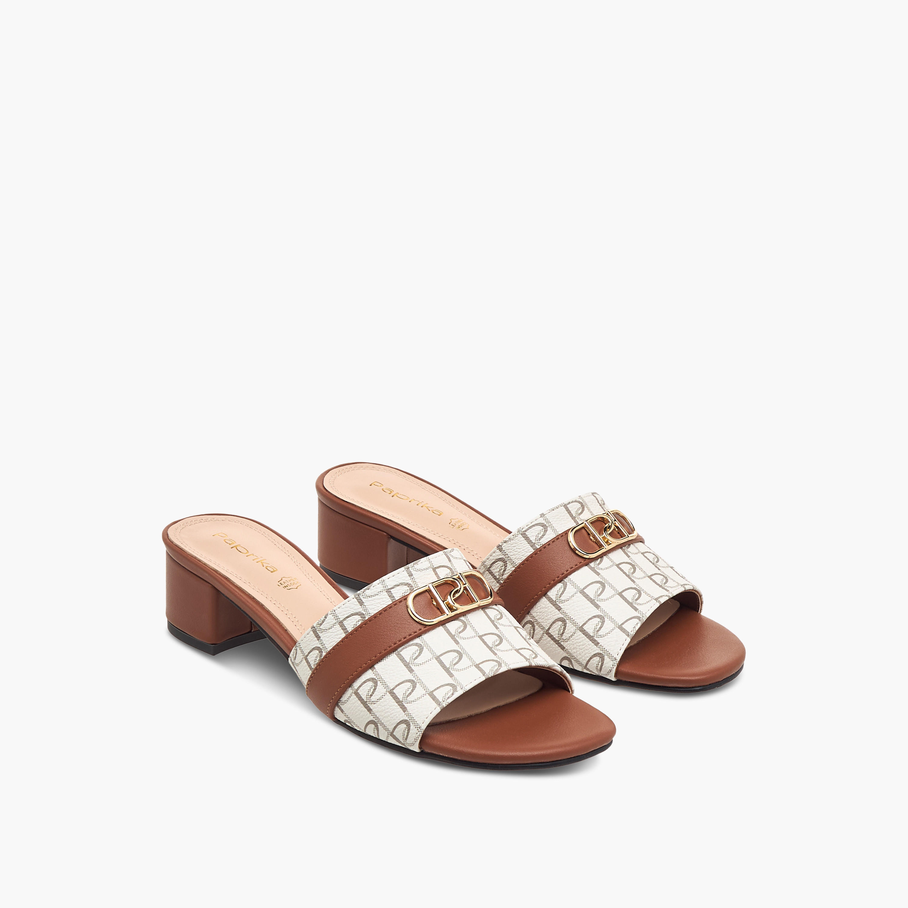 Paprika Monogram Print Slip-On Sandals with Block Heels-women-shoes-sandals-heeled-image-1