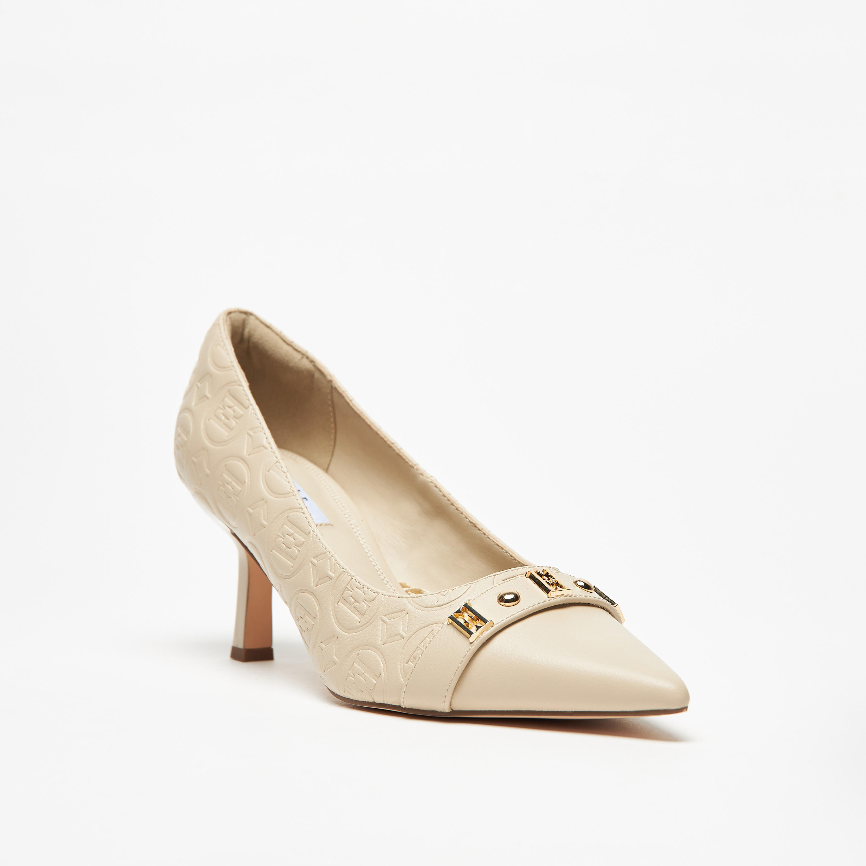 Elle Women's Monogram Embossed Pumps with Kitten Heels-women-shoes-heels-image-1