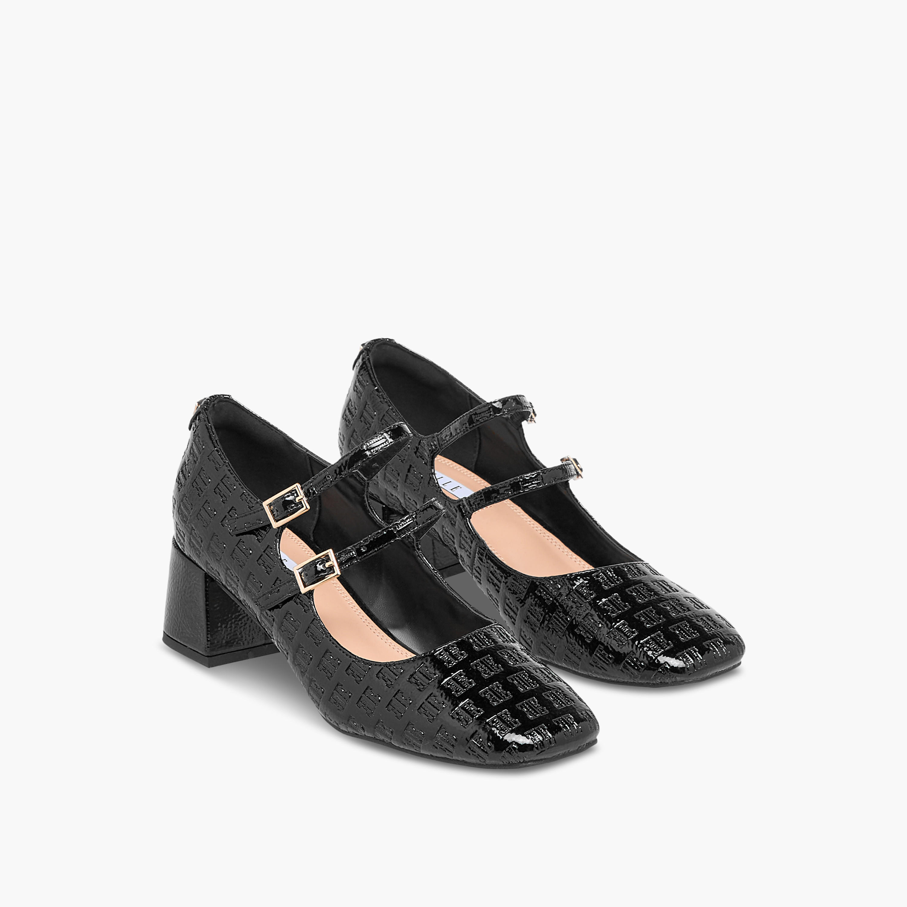 Elle Women's Logo Embossed Block Heel Shoes with Double Buckle Closure-women-shoes-heels-image-1
