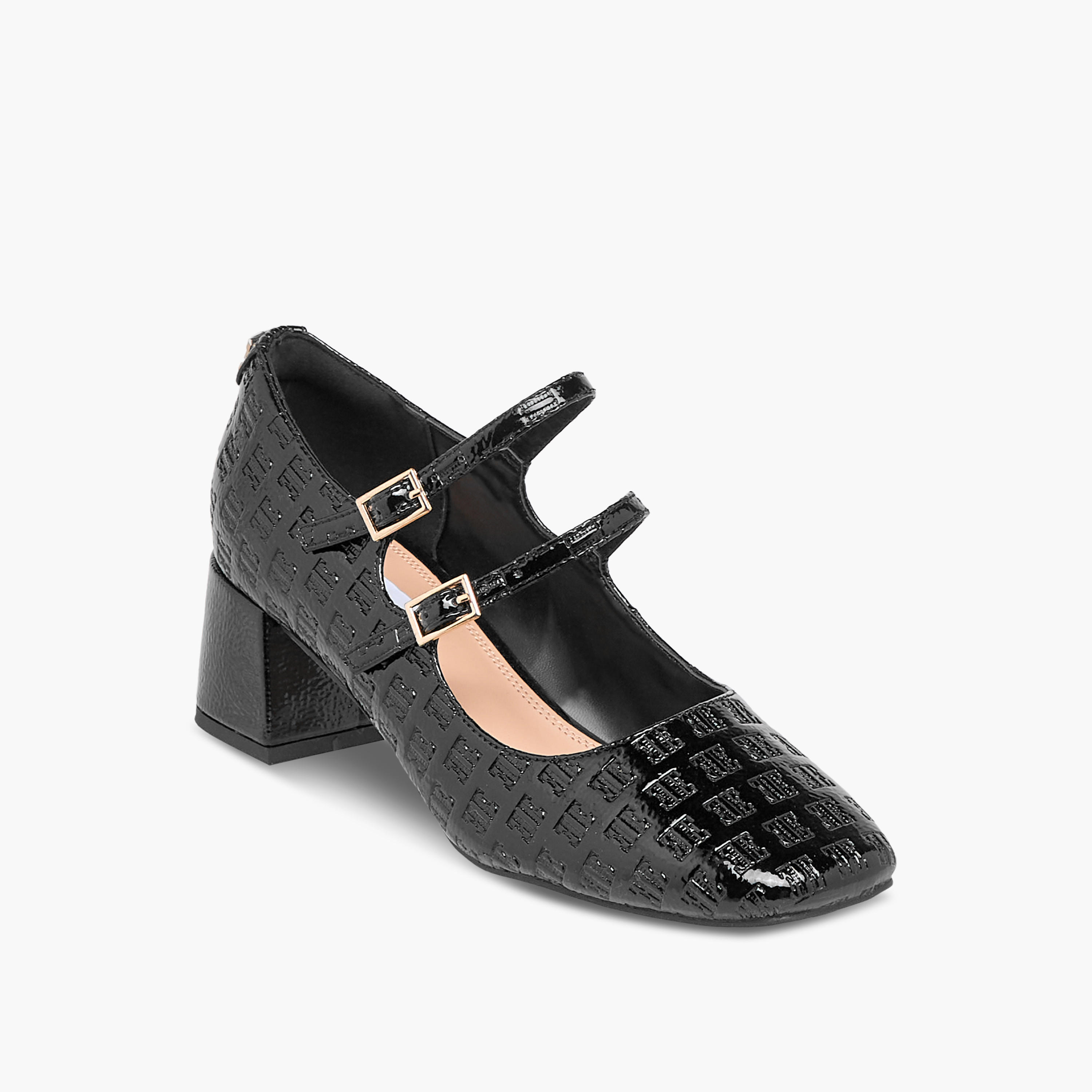 Elle Women's Logo Embossed Block Heel Shoes with Double Buckle Closure-women-shoes-heels-image-2
