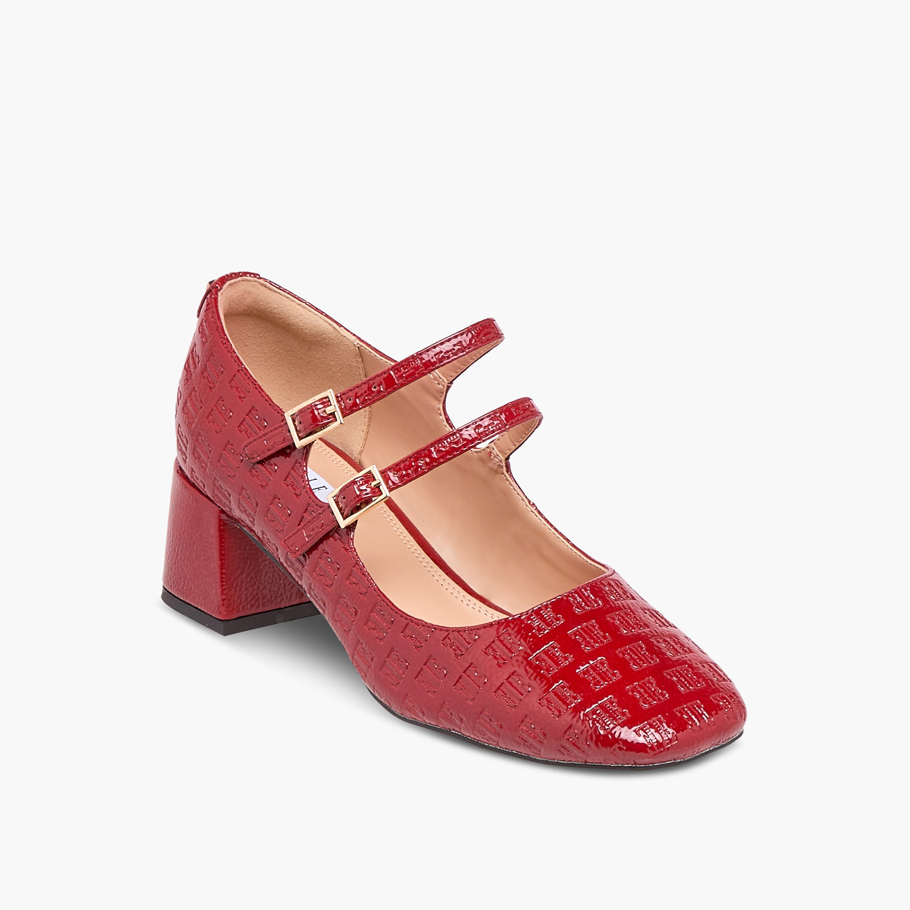 Elle Women's Logo Embossed Block Heel Shoes with Double Buckle Closure-women-shoes-heels-image-2