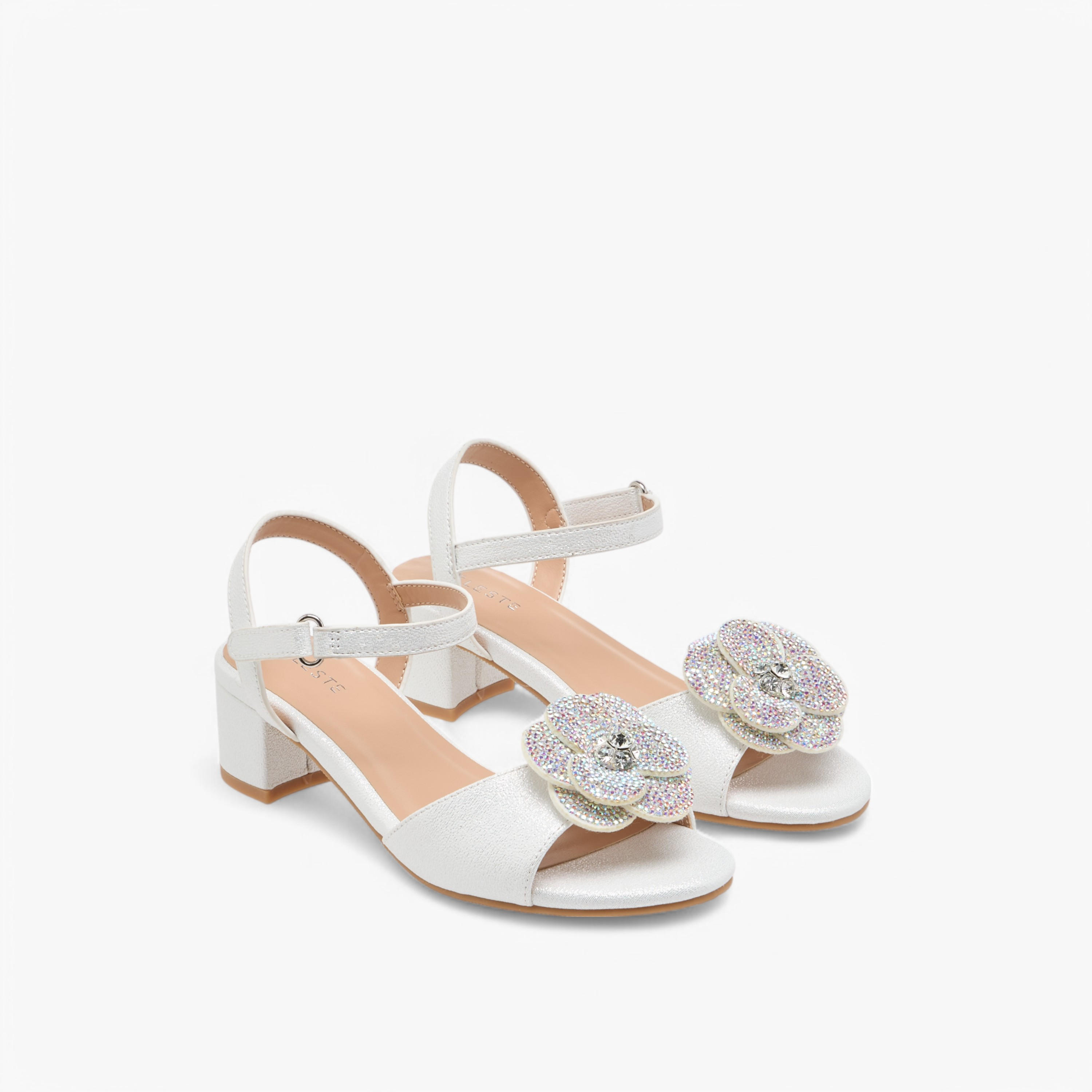 Celeste Girls Floral Accent Block Heel Sandals with Hook and Loop Closure-girls-shoes-sandals-image-1