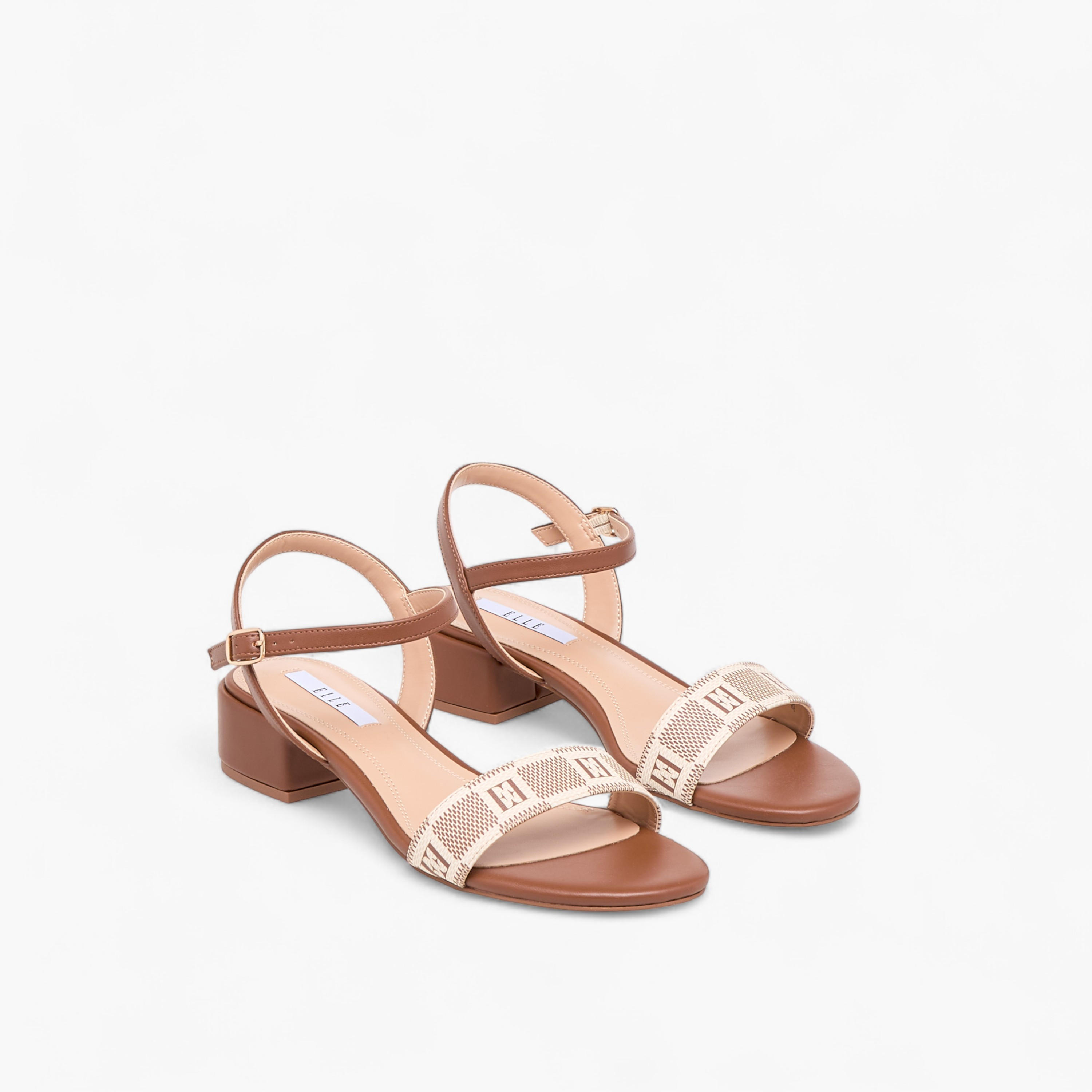 Elle Women's Damier Logo Detail Block Heel Sandals with Buckle Closure-women-shoes-sandals-heeled-image-1