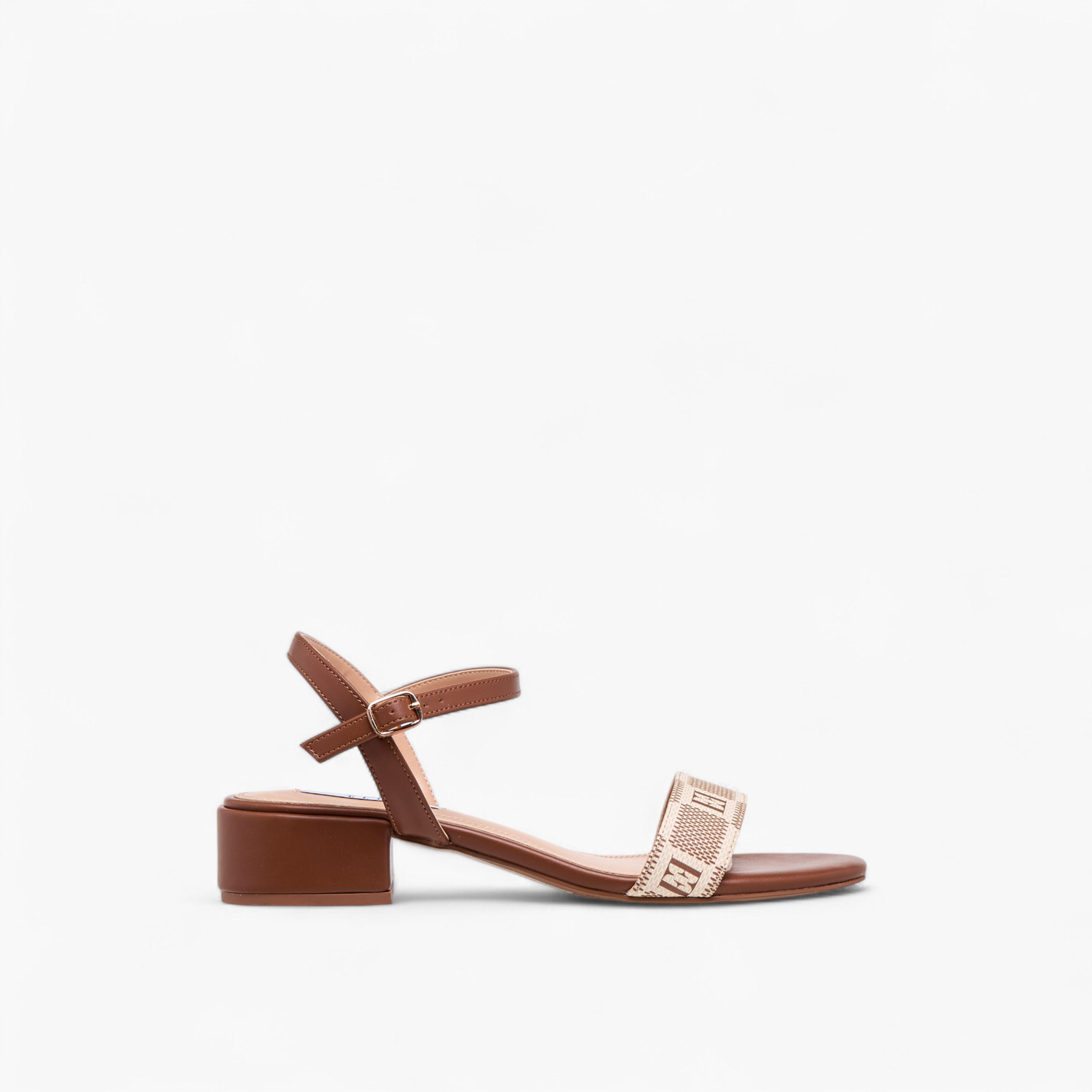 Elle Women's Damier Logo Detail Block Heel Sandals with Buckle Closure-women-shoes-sandals-heeled-image-3