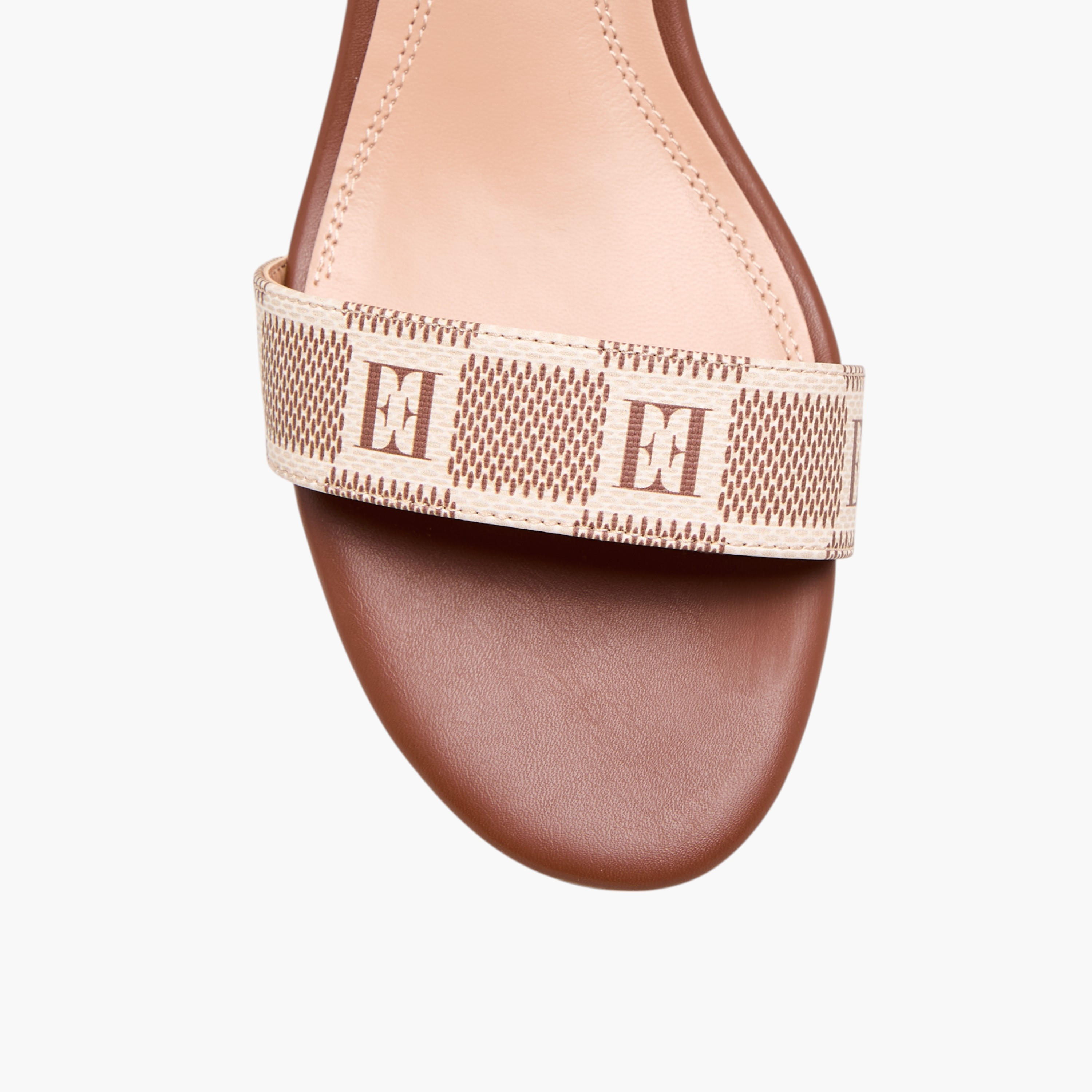 Elle Women's Damier Logo Detail Block Heel Sandals with Buckle Closure-women-shoes-sandals-heeled-image-4