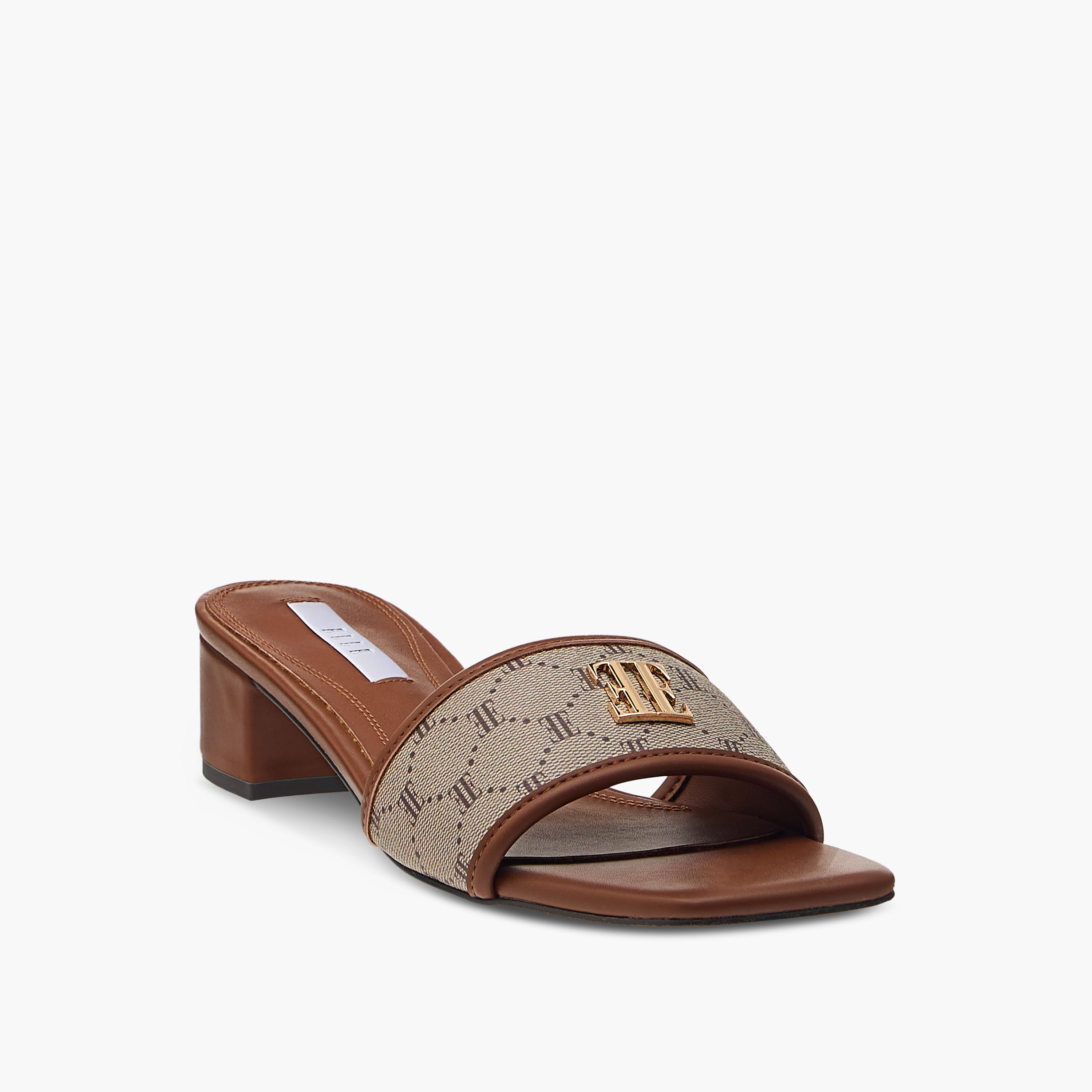 Elle Women's Monogram Print Slip-On Sandals with Block Heels-women-shoes-heels-image-2