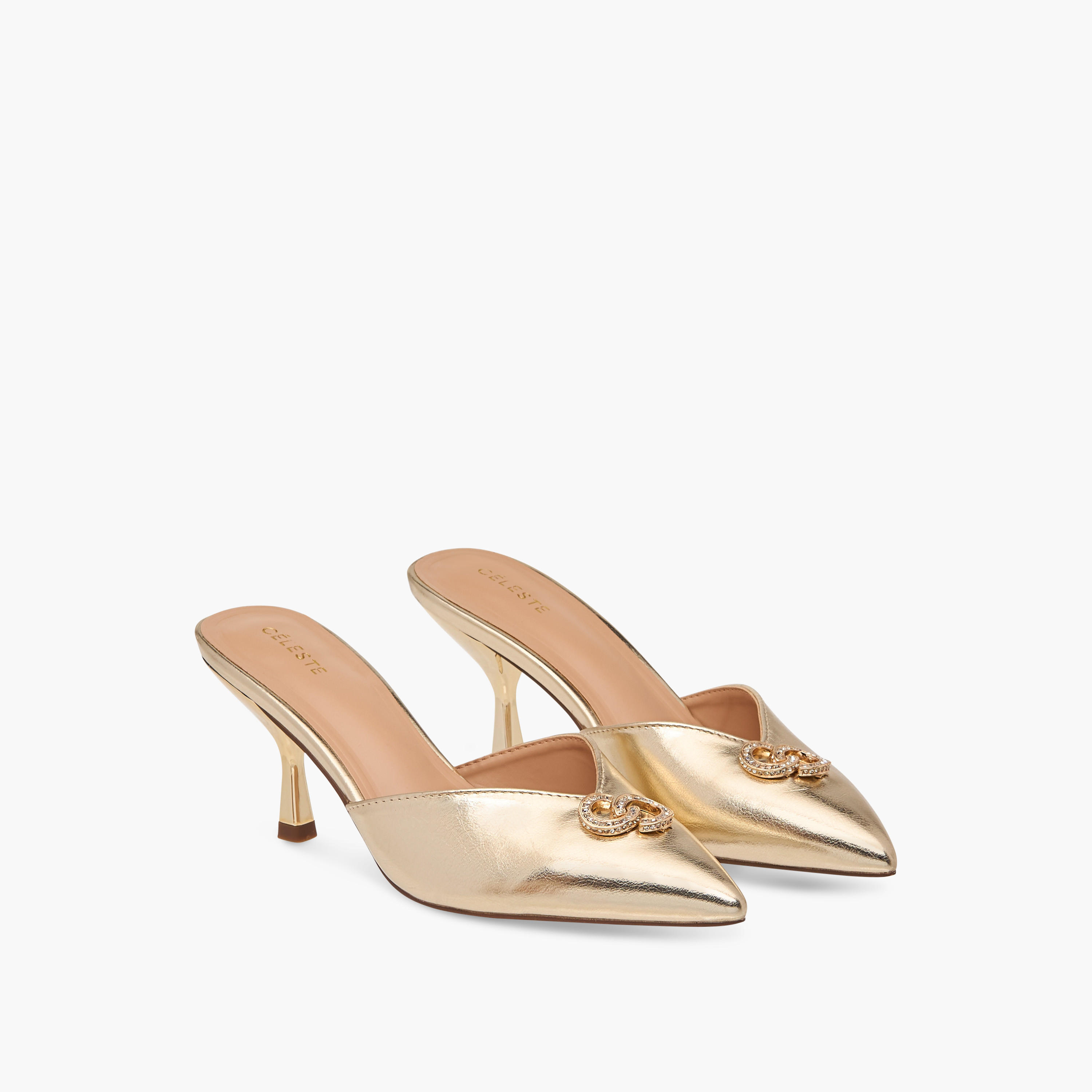 Celeste Women's Logo Embellished Slip-On Pointed Toe Shoes with Stiletto Heels-women-shoes-heels-image-1