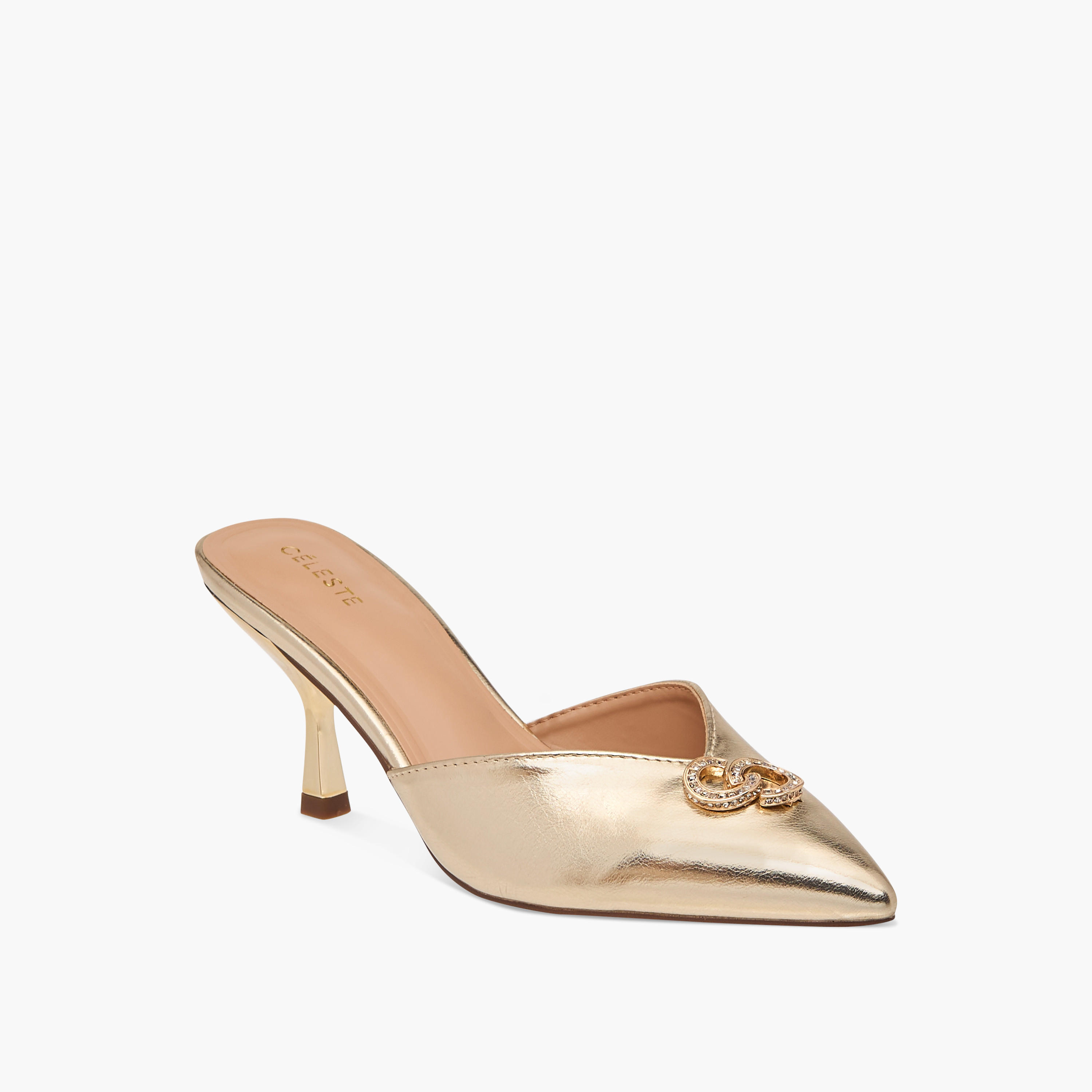 Celeste Women's Logo Embellished Slip-On Pointed Toe Shoes with Stiletto Heels-women-shoes-heels-image-2