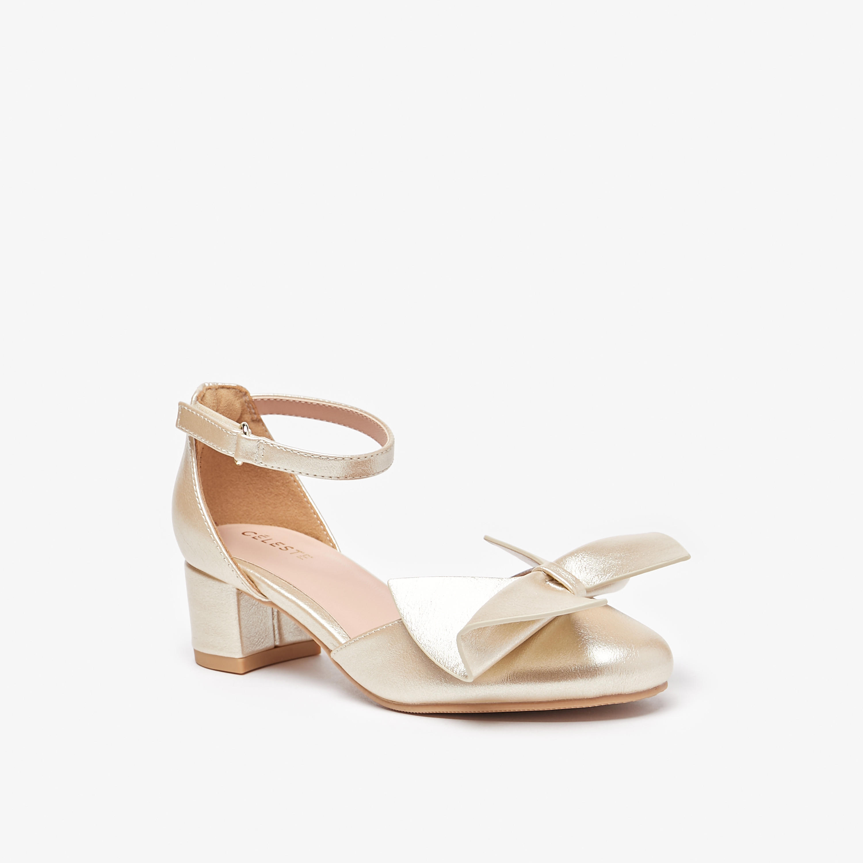Celeste Girls' Bow Applique Ankle Strap Ballerinas with Block Heels-girls-shoes-sandals-image-1