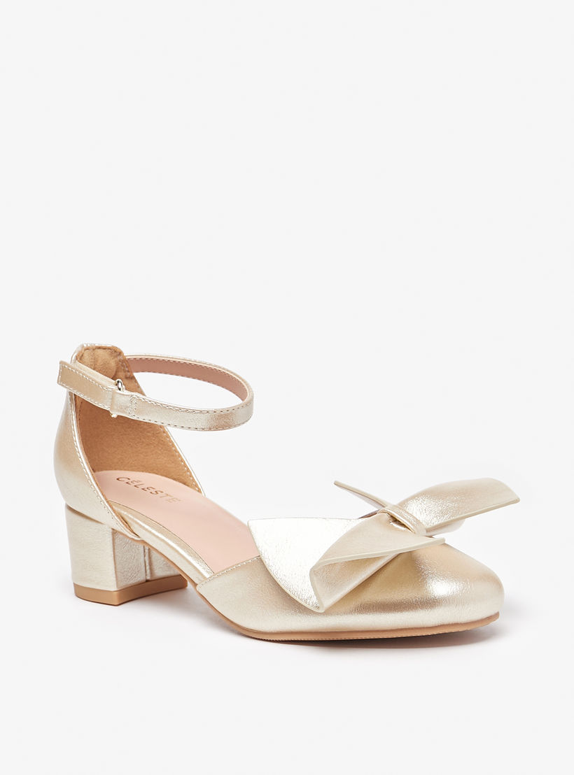 Celeste Girls' Bow Applique Ankle Strap Ballerinas with Block Heels-girls-shoes-sandals-image-1