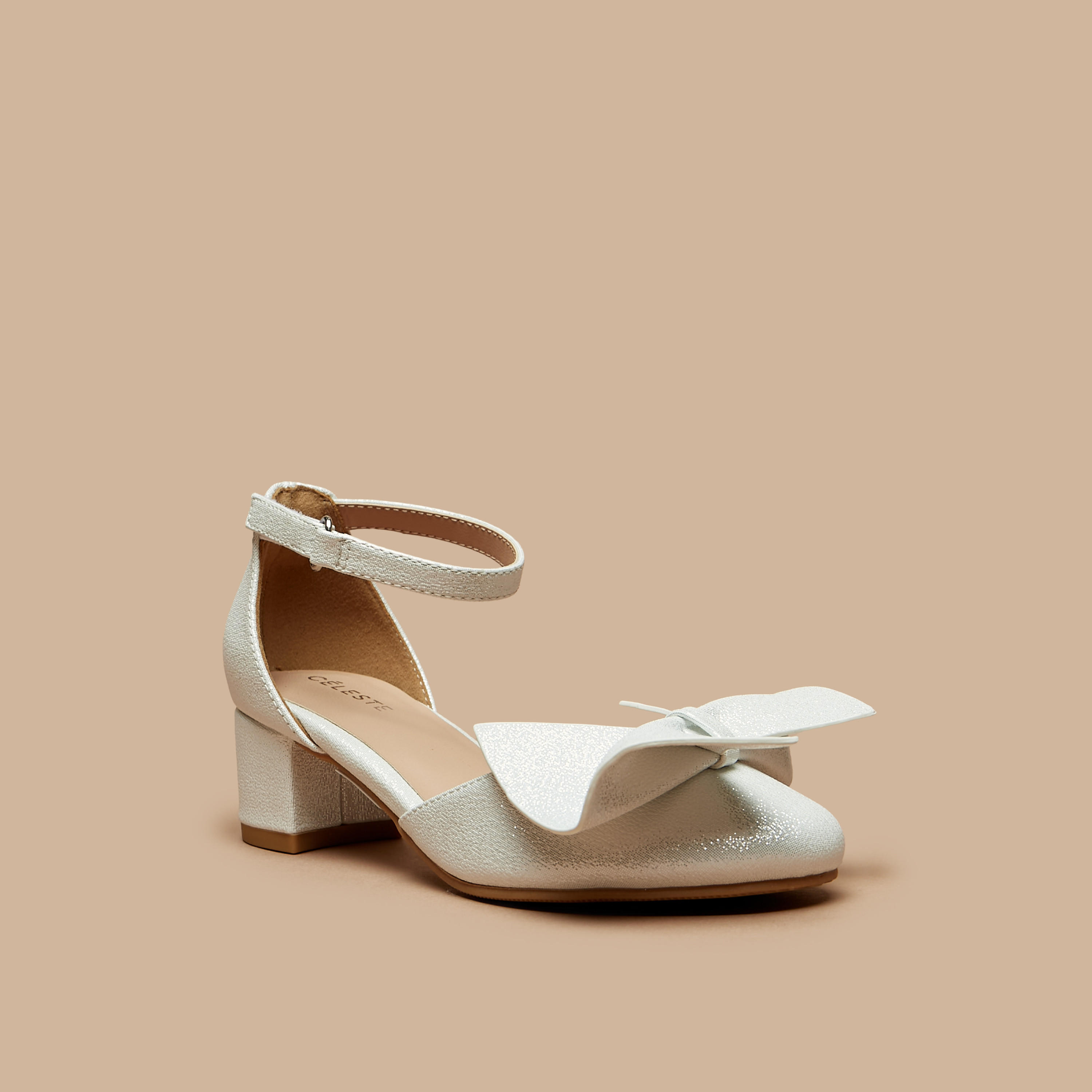 Celeste Girls' Bow Applique Ankle Strap Ballerinas with Block Heels-girls-shoes-sandals-image-1