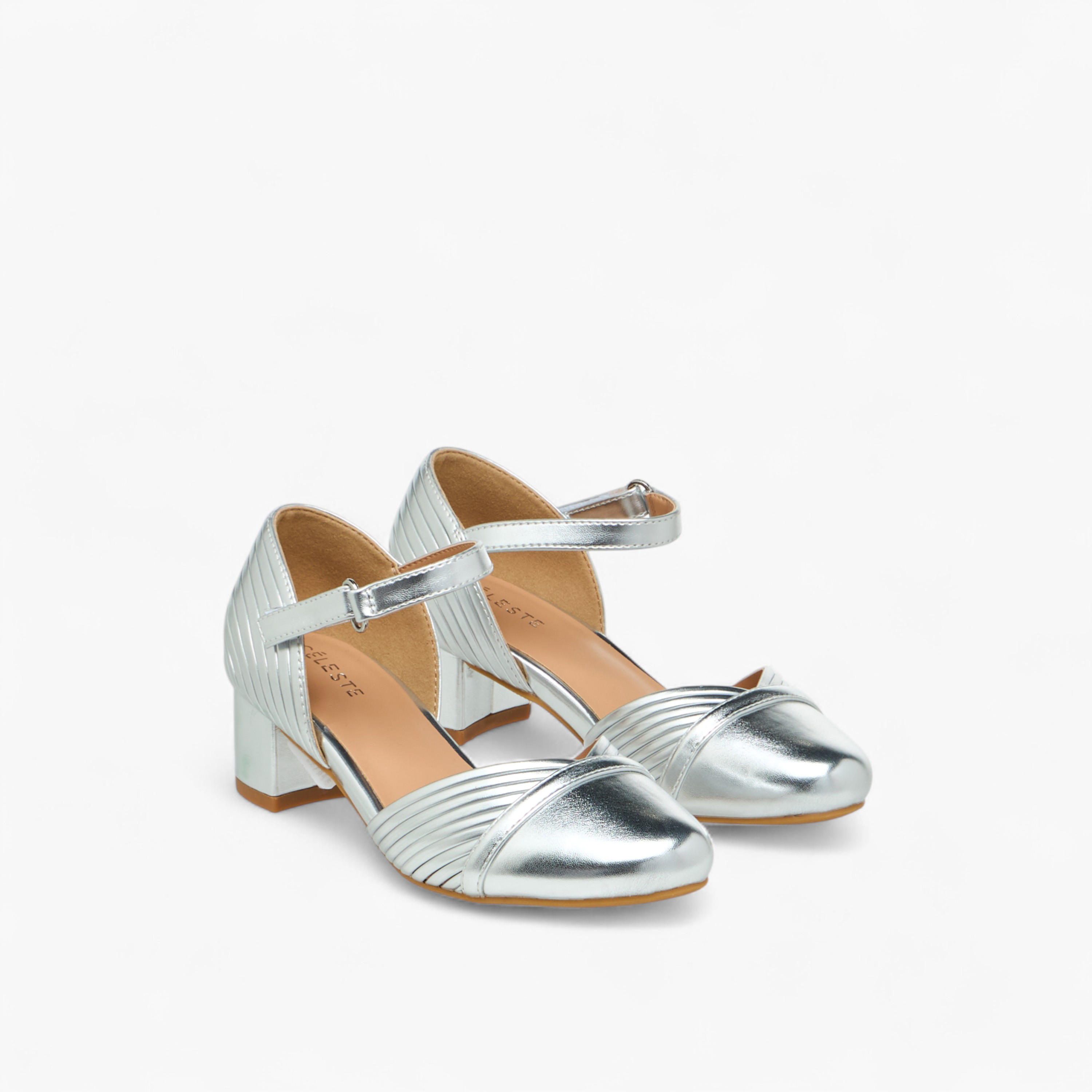 Celeste Girls' Metallic Block Heels Shoes with Hook and Loop Closure-girls-shoes-maryjanes-image-1