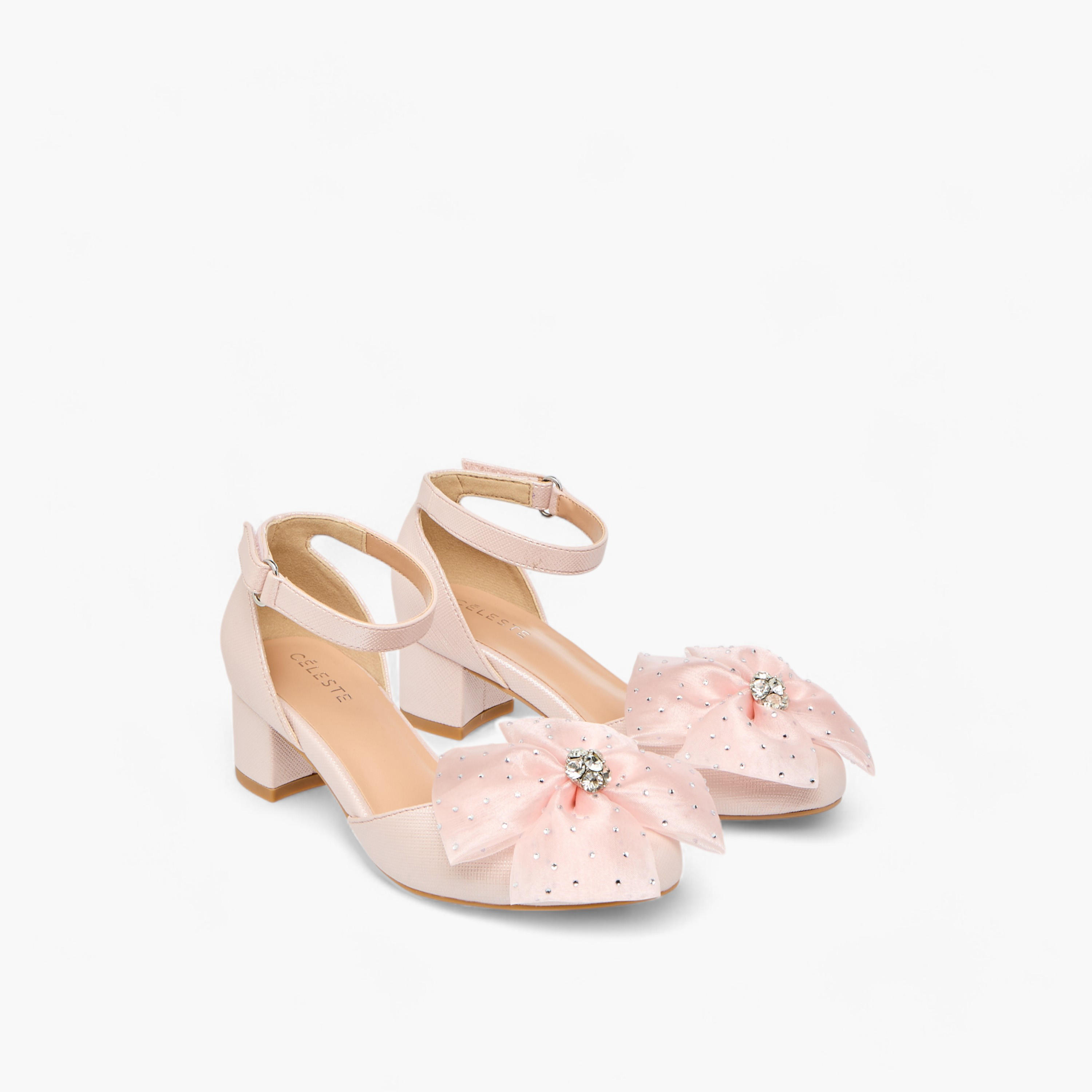 Celeste Girls' Flower Applique Block Heel Shoes with Hook and Loop Closure-girls-shoes-sandals-image-1