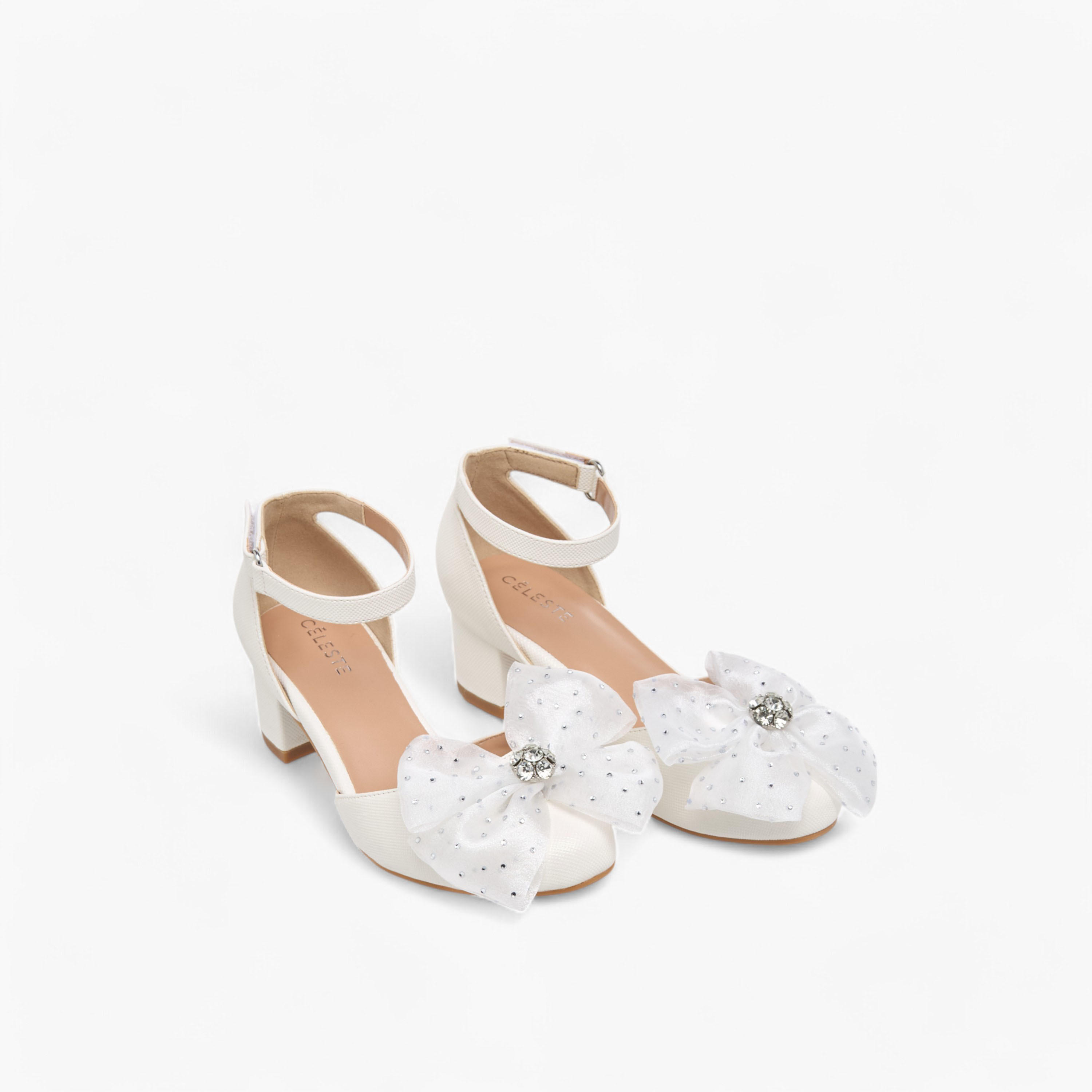 Celeste Girls' Flower Applique Block Heel Shoes with Hook and Loop Closure-girls-shoes-sandals-image-1